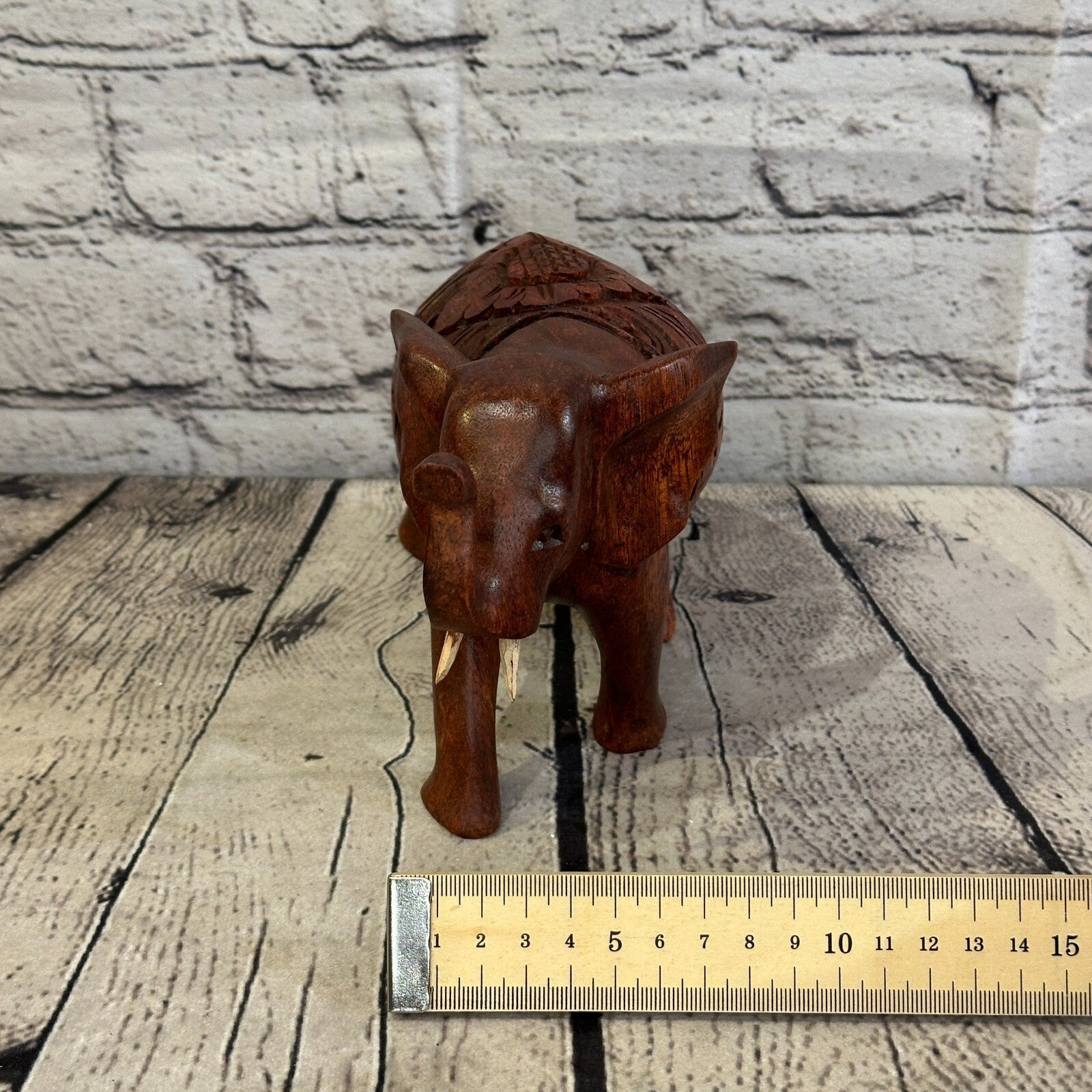 18cm x 12cm Carved Wooden Baby Elephant Wood Brown Sculpture Retro Handmade8