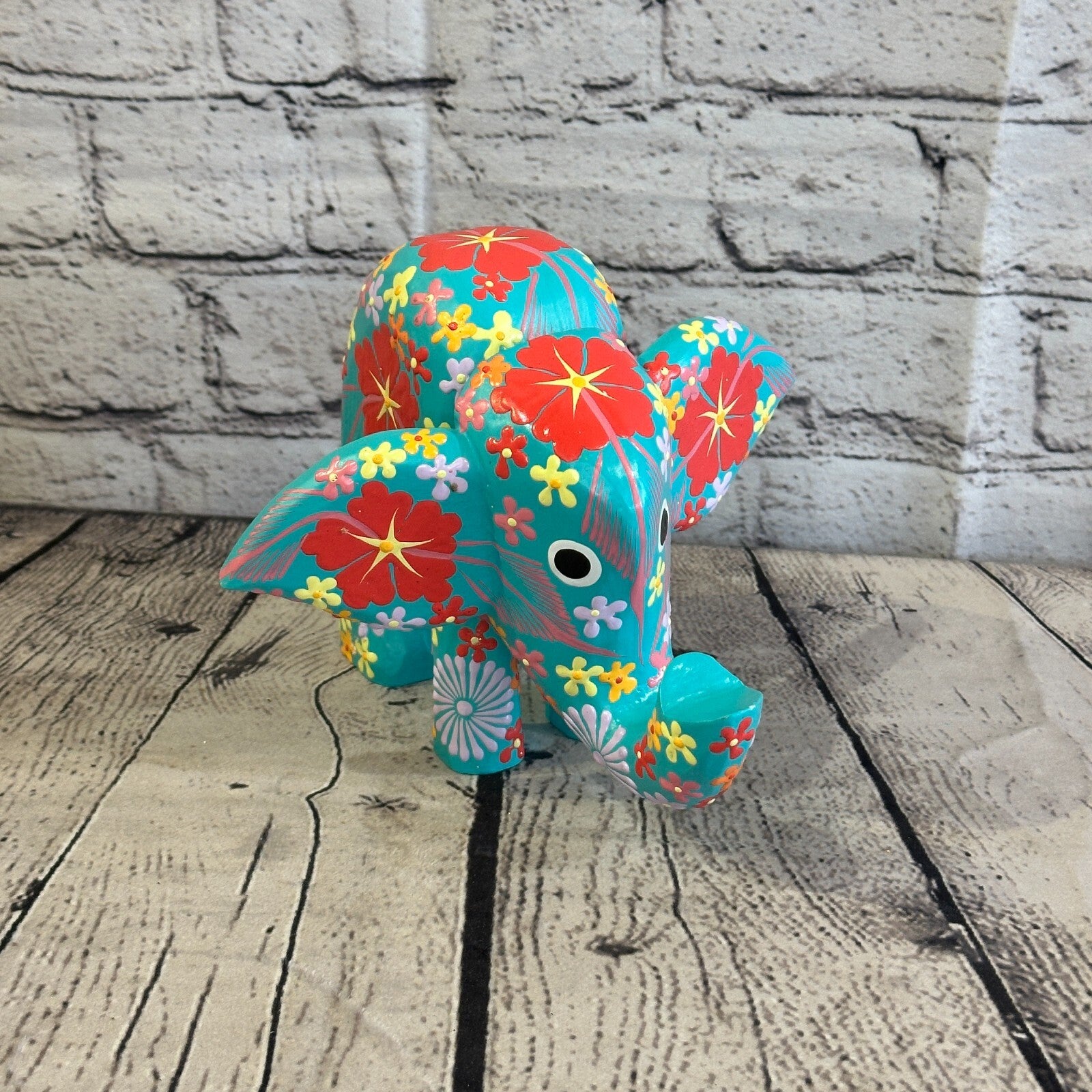 Blue Wooden Elephant With Flower Pattern 15cm x 18cm Handmade and Fairtrade0