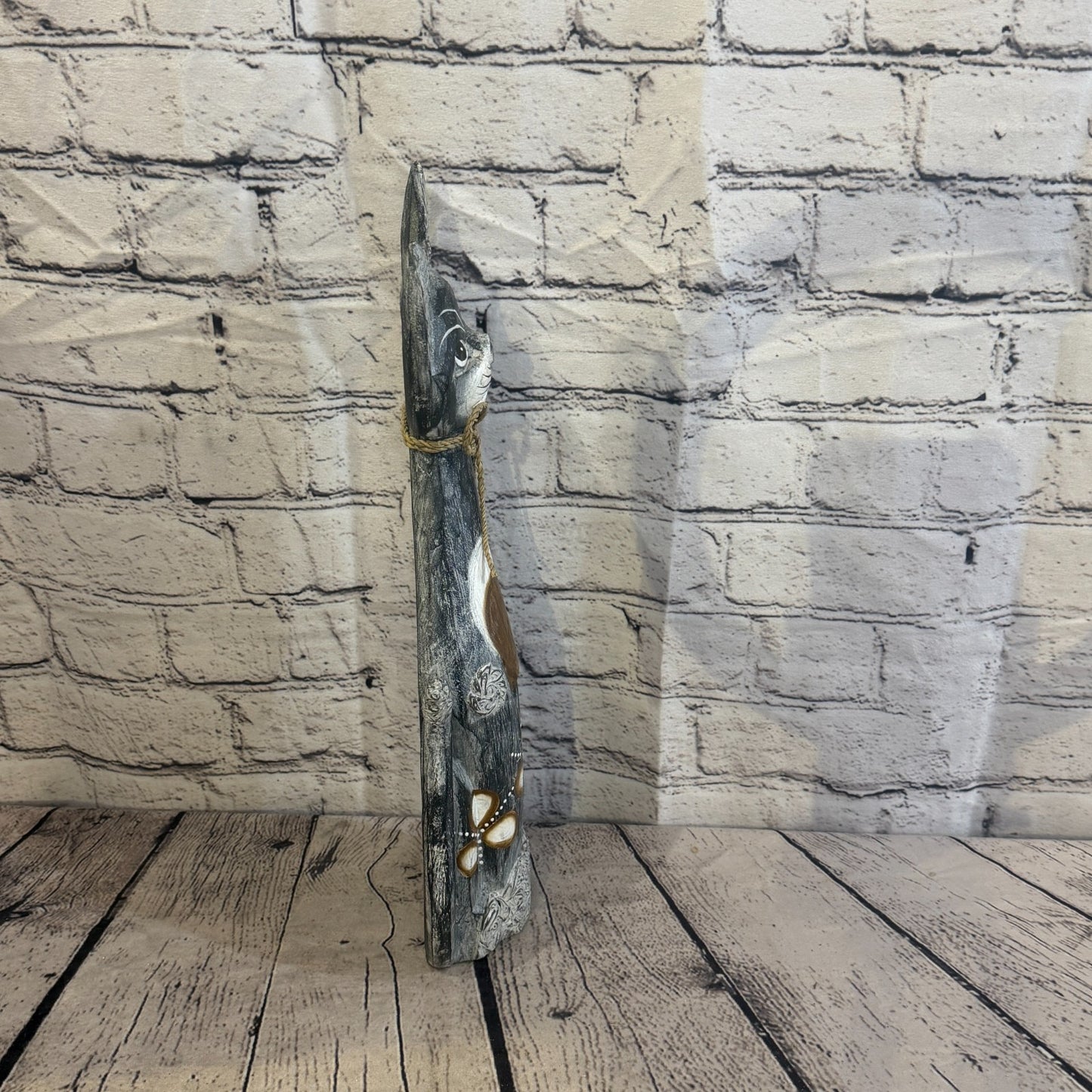 40cm Grey Silver Dots Wooden Shabby Cat Statue Ornament Fair Trade Handcarved3