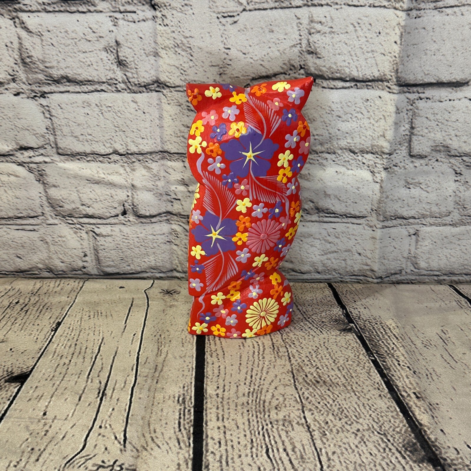 Red Large Wooden Owl With Flower Pattern 20cm x 8cm Handmade and Fairtrade4
