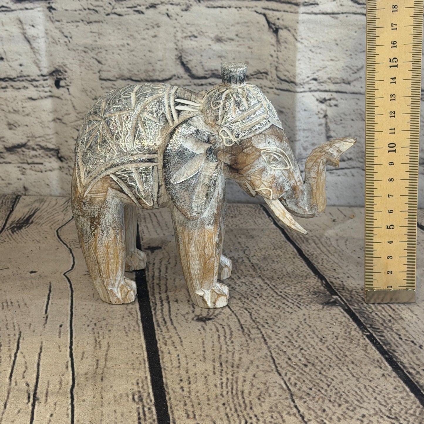 15cm x 15cm Brown Silver Wooden Standing Elephant Hand Carved & Painted6