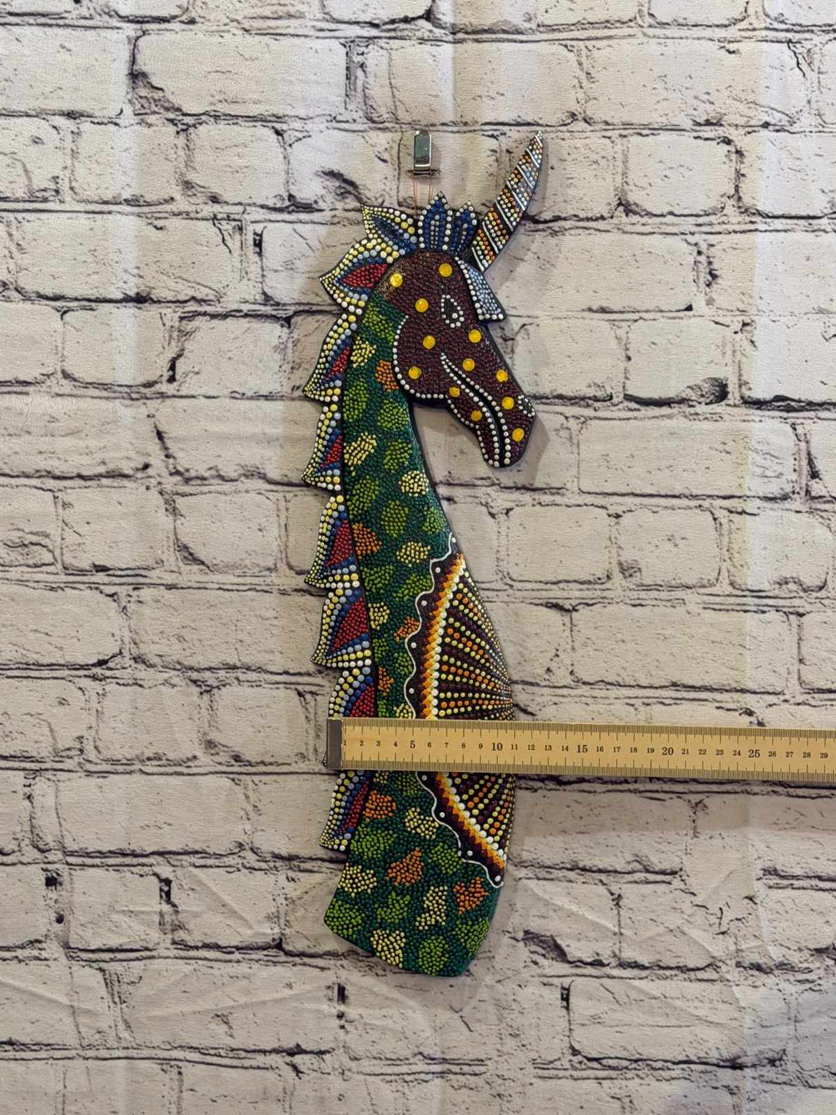 45cm Unicorn Carved Wooden Dot Painted Ethnic Tribal Tiki Wall Art No 53