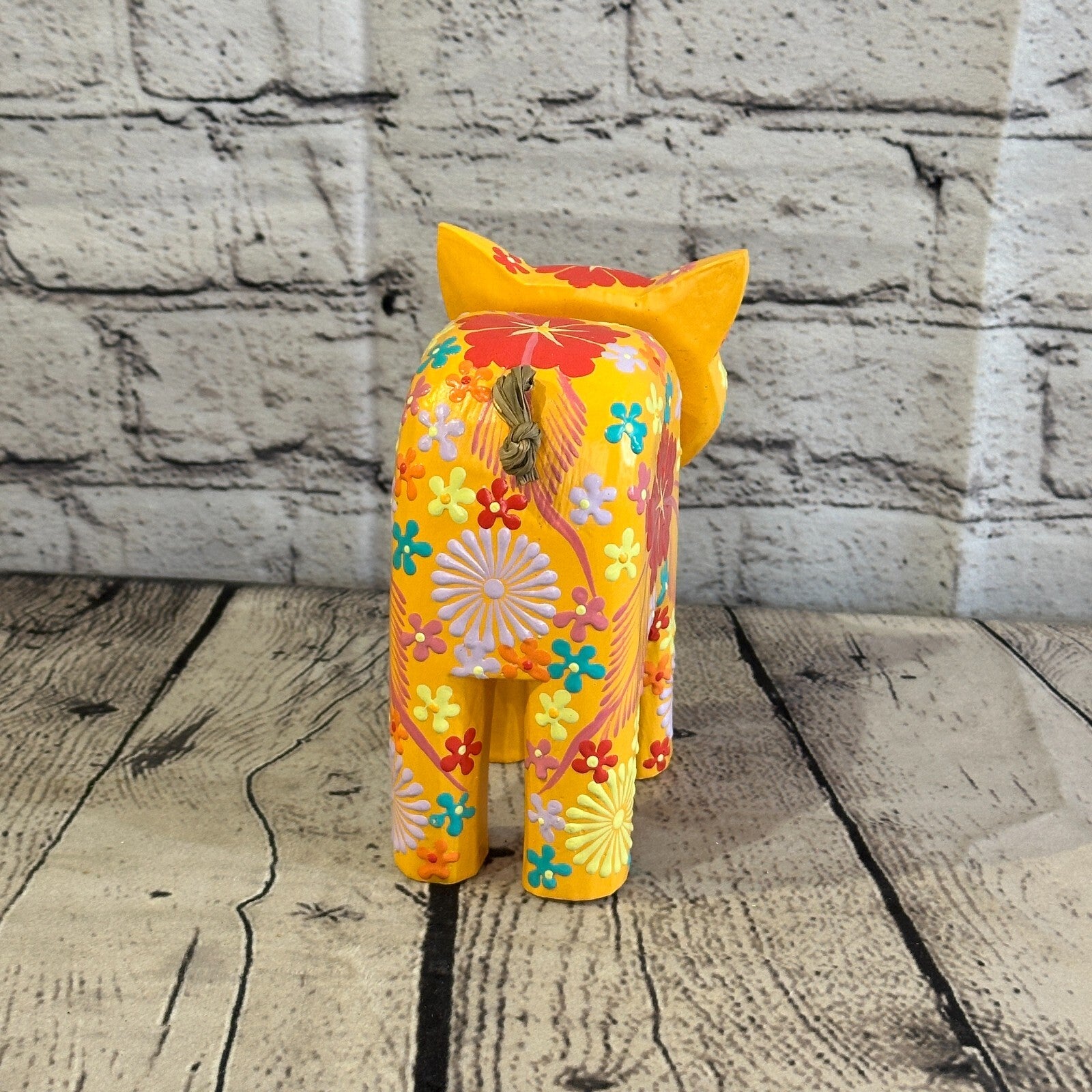 Orange Large Wooden Cat With Flower Pattern 15cm x 10cm Handmade and Fairtrade5