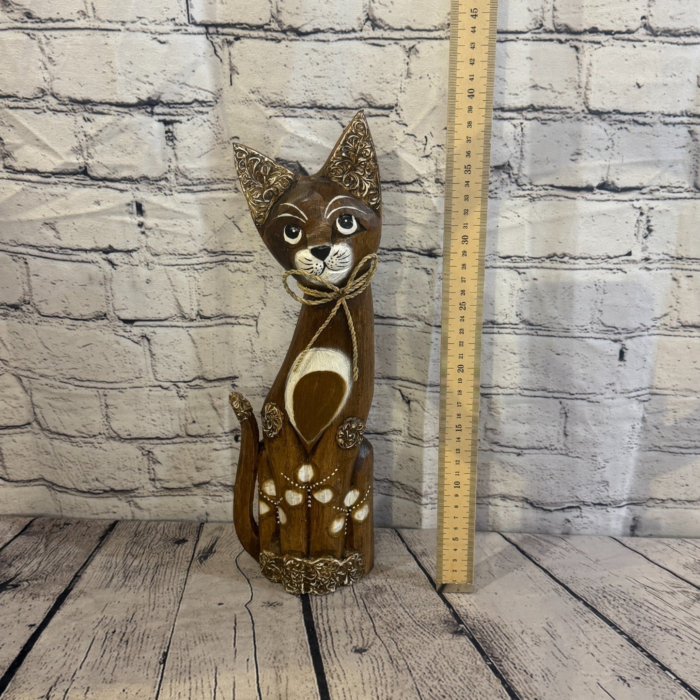 40cm Brown Silver Dots Wooden Shabby Cat Statue Ornament Fair Trade Handcarved5