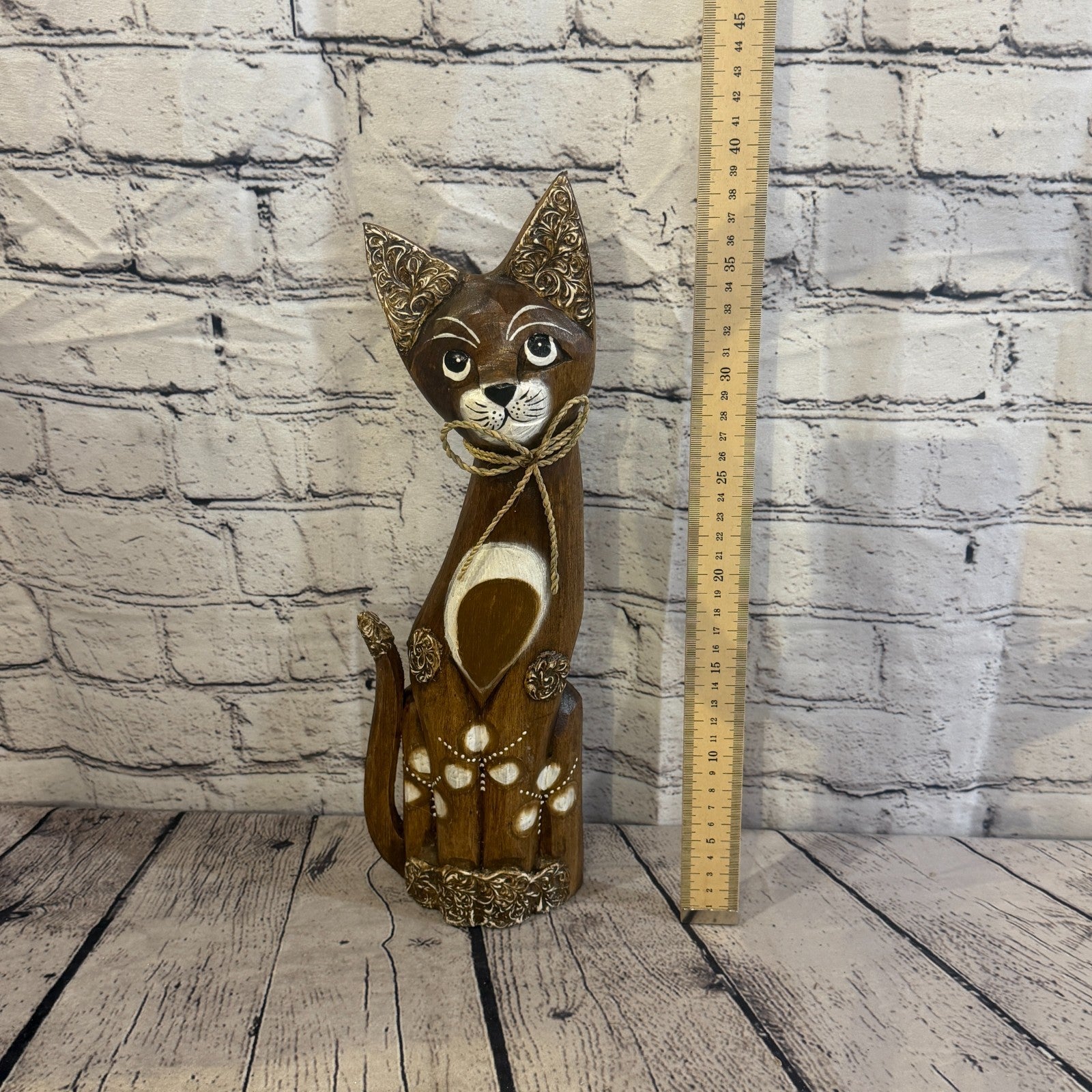 40cm Brown Silver Dots Wooden Shabby Cat Statue Ornament Fair Trade Handcarved5