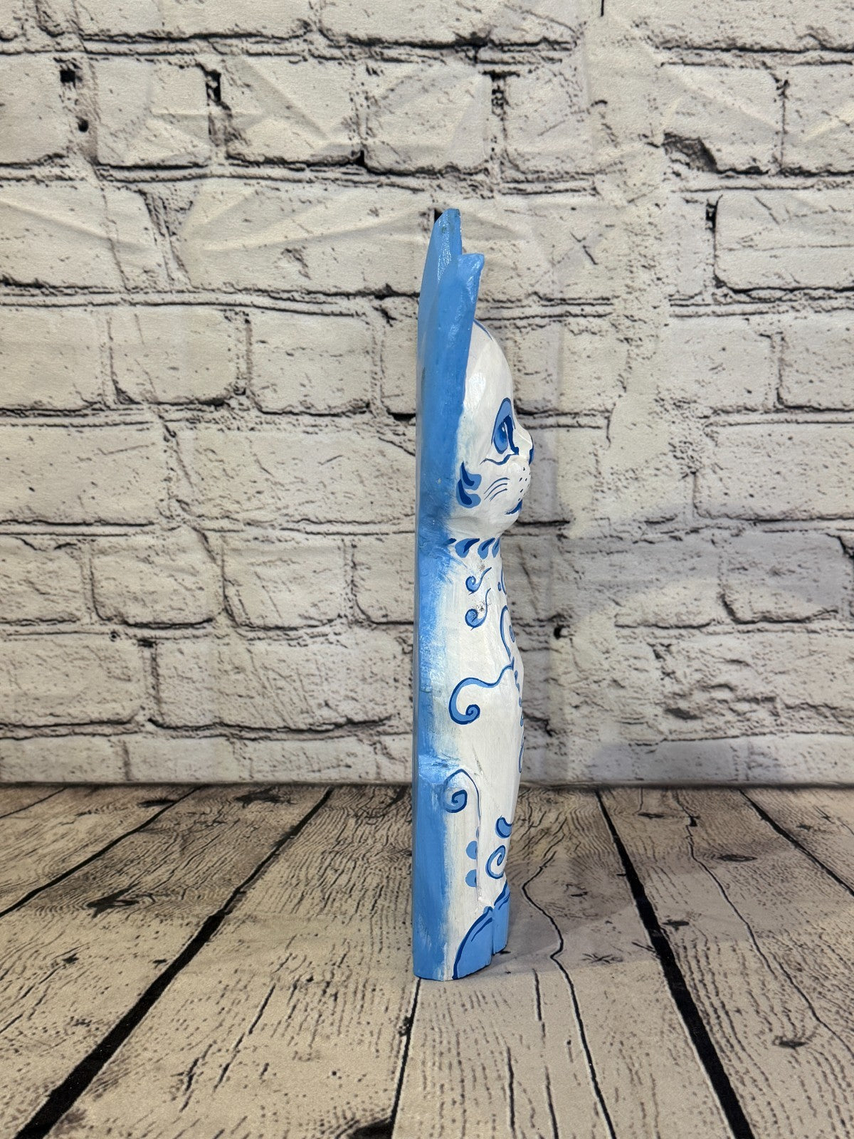 30cm Blue White Flower Wooden Shabby Cat Statue Ornament Fair Trade Handcarved3
