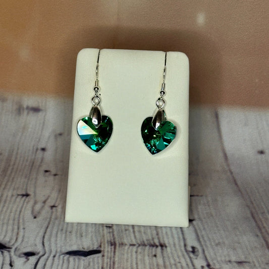 Green Crystal Heart Shaped Dangle Drop Earrings Handmade UK Jewellery0