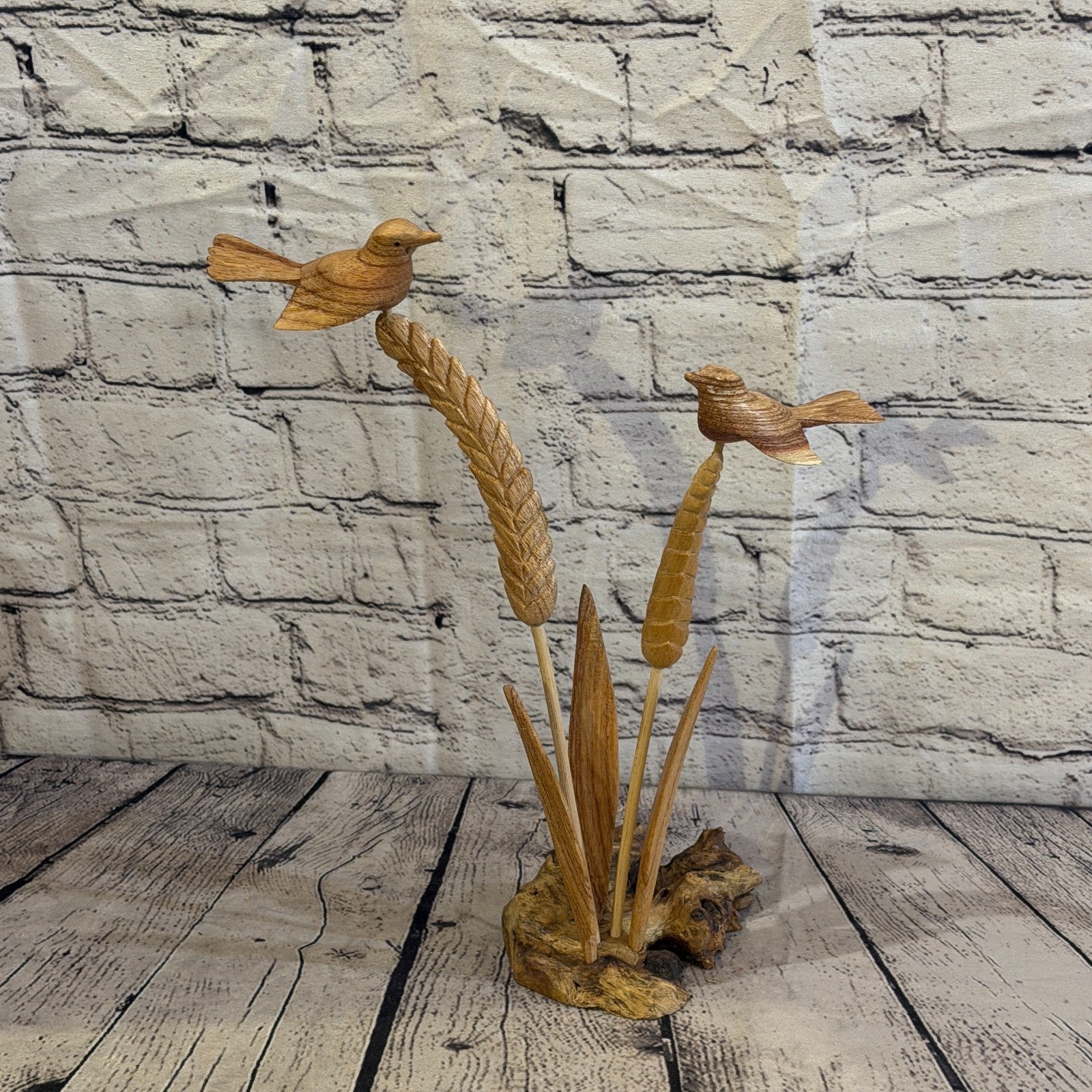 35cm 2 Birds On Wheat Reeds Stand Parasite Wood Ornament Natural Carving Wooden4