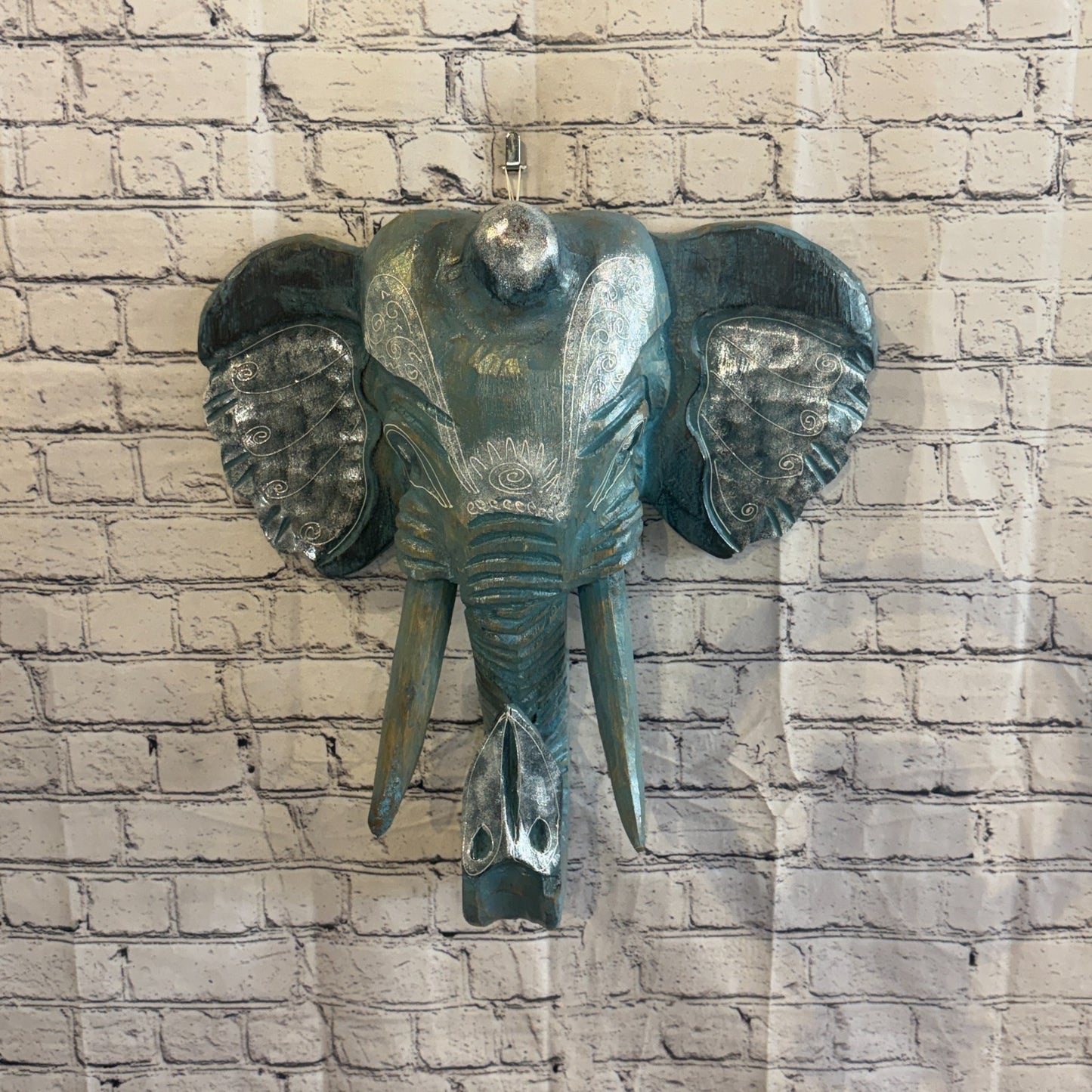 50cm x 45cm Silver Blue Painted Wood Elephant Head Wall Mounted Art Shabby2