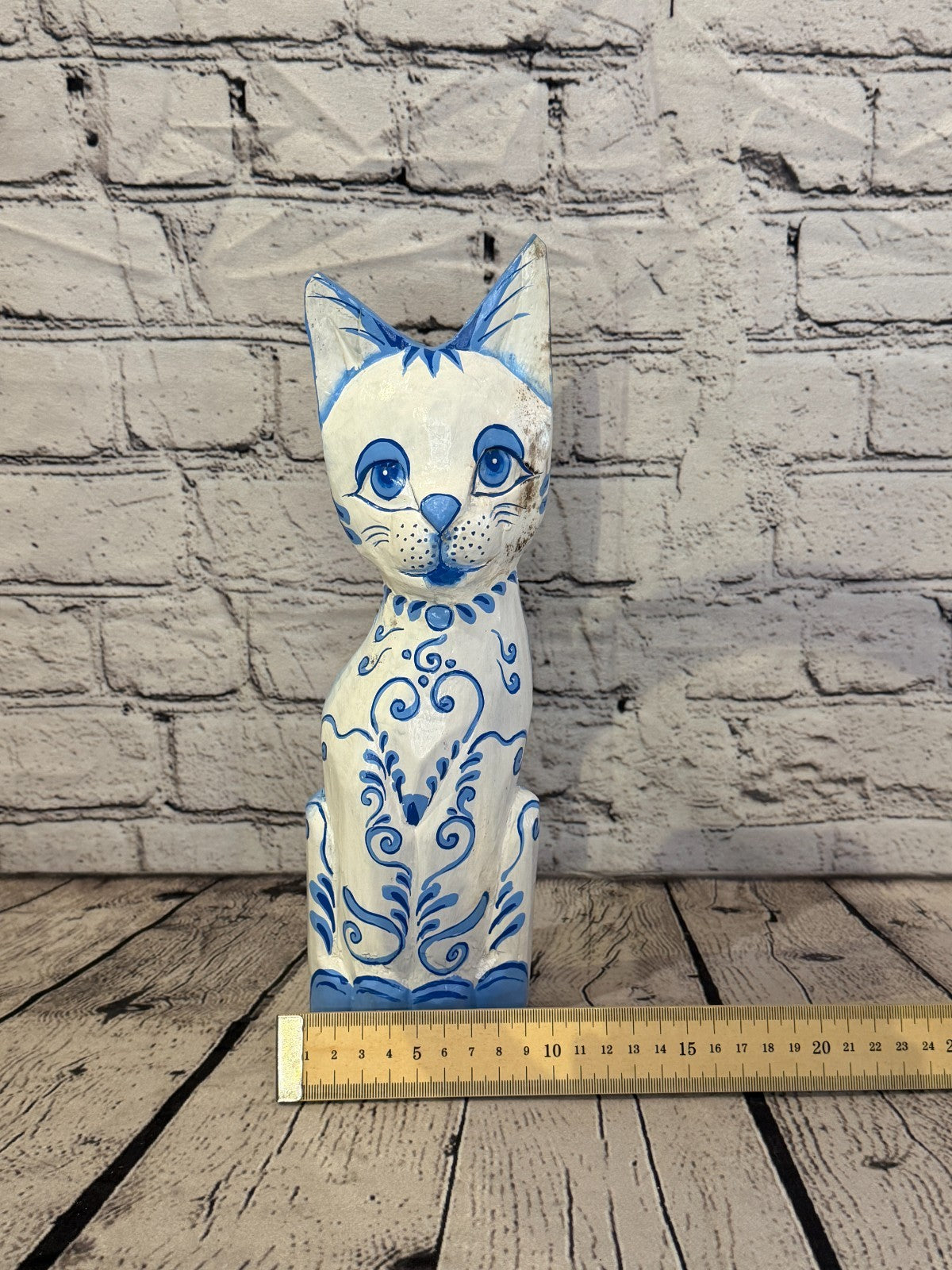30cm Blue White Flower Wooden Shabby Cat Statue Ornament Fair Trade Handcarved6
