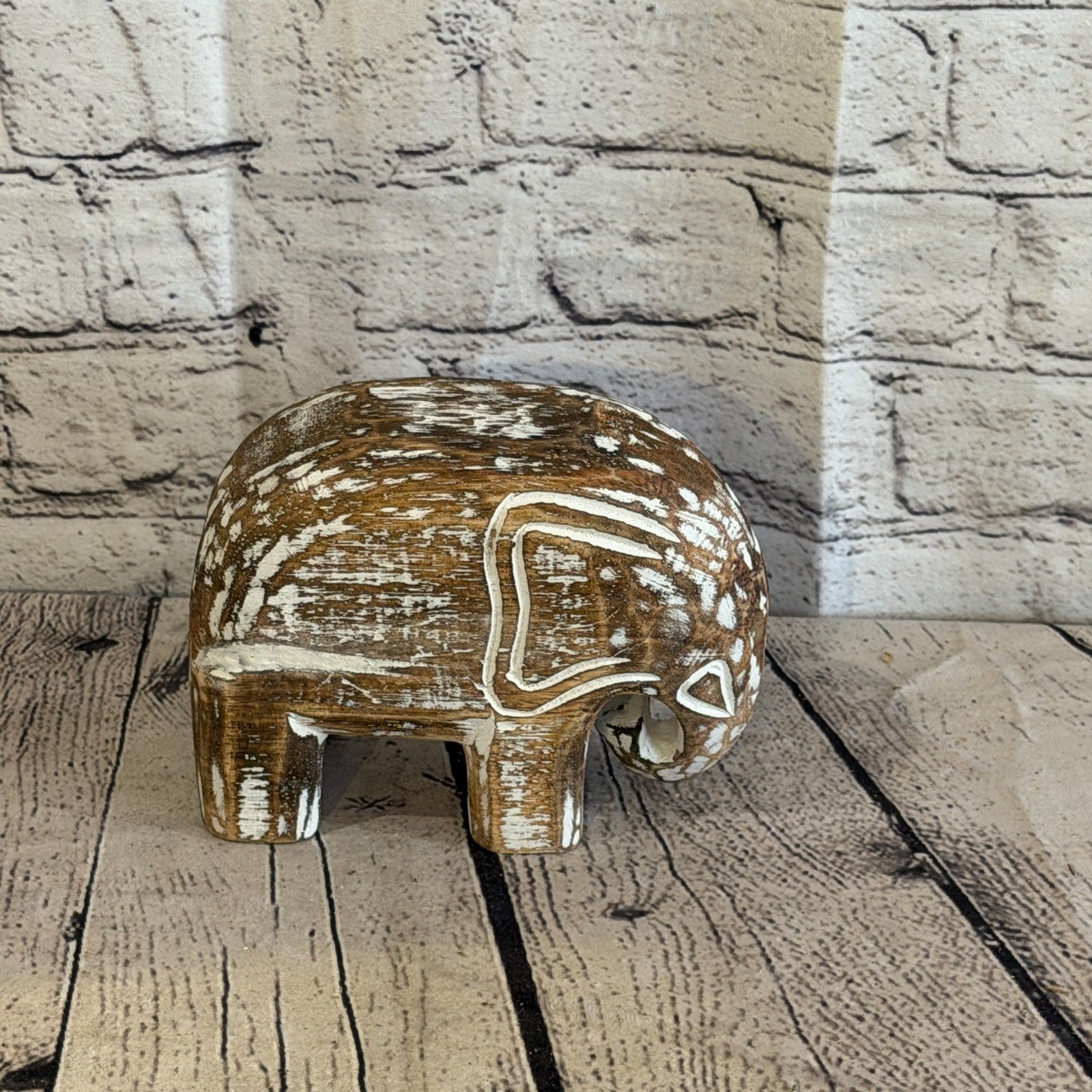 10cm x 15cm Brown Wood Wooden Standing Elephant Hand Carved Painted Statue3