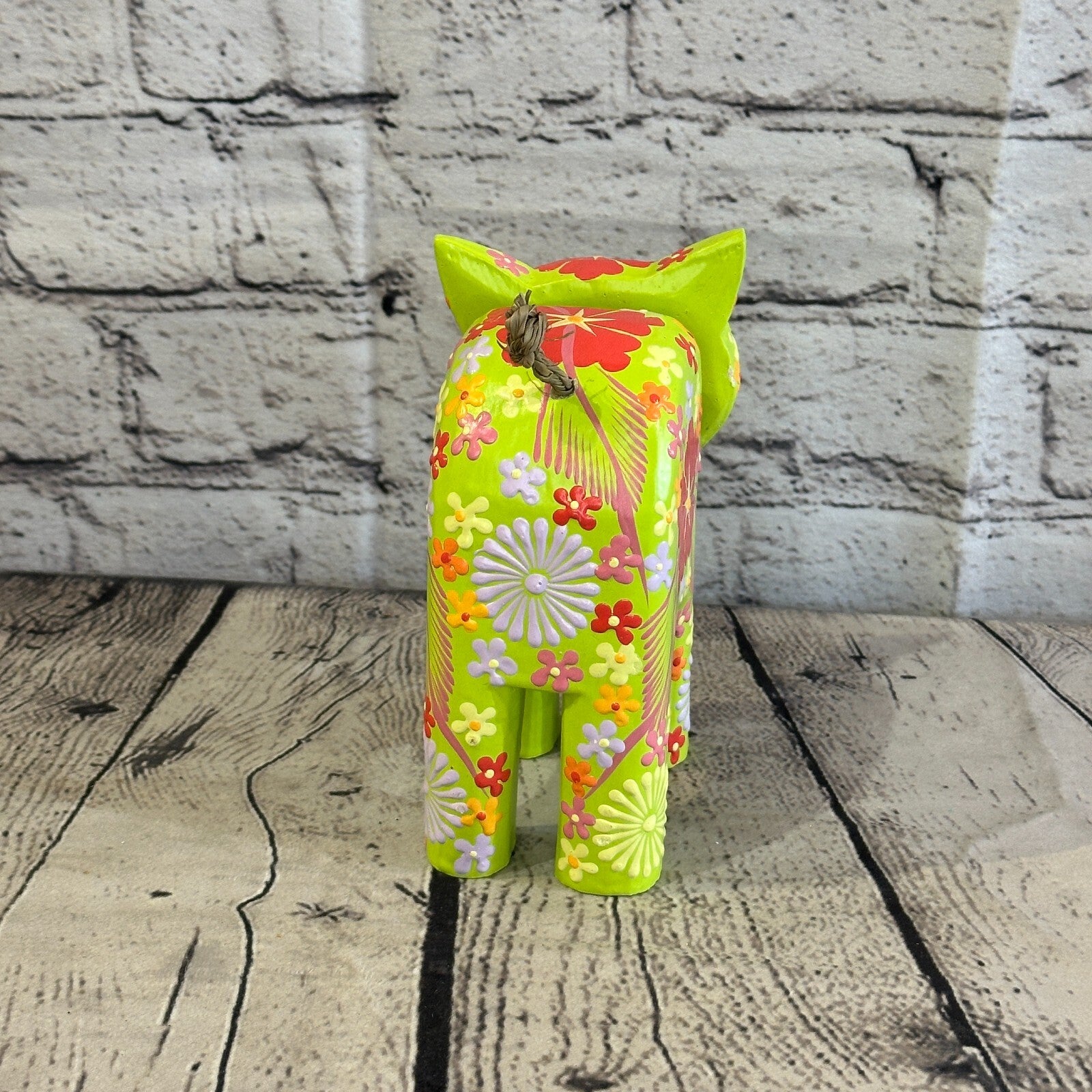 Green Large Wooden Cat With Flower Pattern 15cm x 10cm Handmade and Fairtrade5