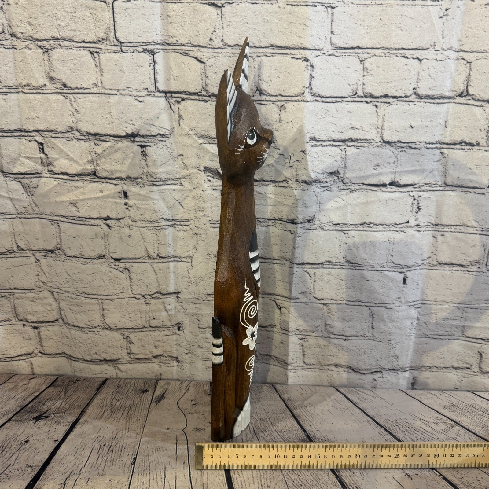 60cm Brown Flower Wooden Shabby Cat Statue Ornament Fair Trade Handcarved7