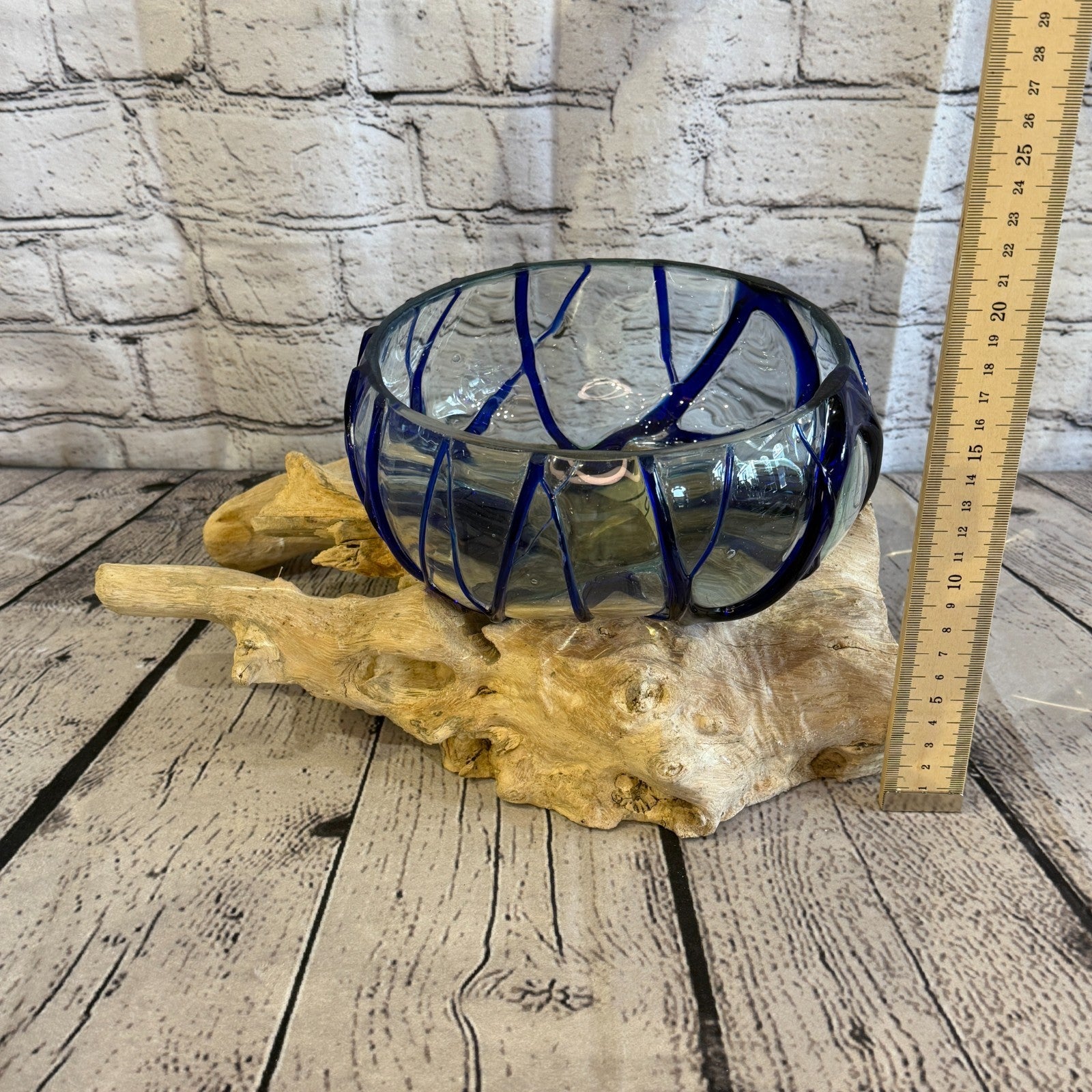 30cm Long Blue Streak Melted Glass Wood Decorative Bowl Glass Sculpture Crafted4