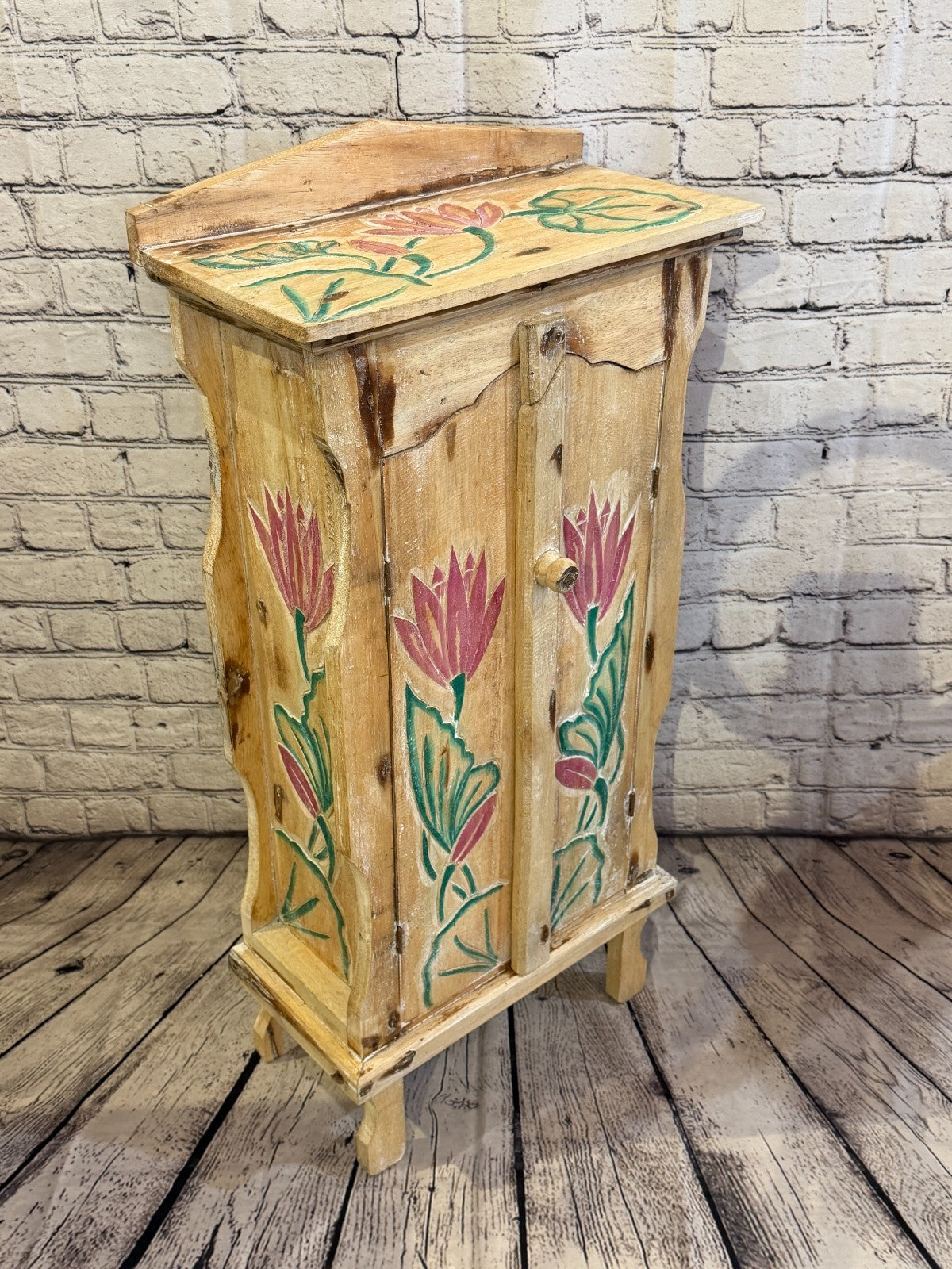 85cm x 40cm Flower 2 Door Pillar Wooden Side Cabinet Living Storage Furniture2