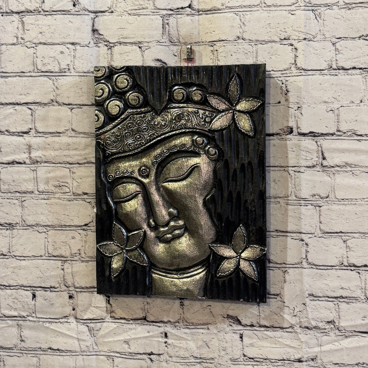Wooden Wood Panel 40cm Silver Black Buddha Flower Wall Art Plaque Handcarved2