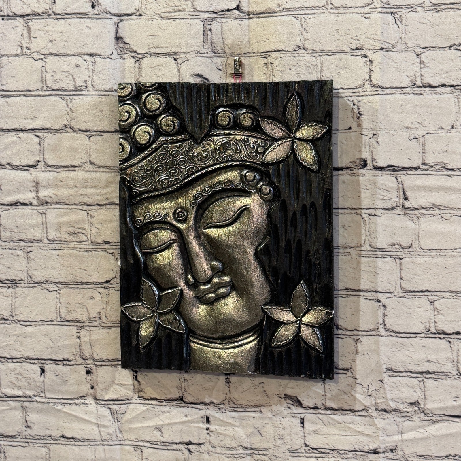 Wooden Wood Panel 40cm Silver Black Buddha Flower Wall Art Plaque Handcarved2