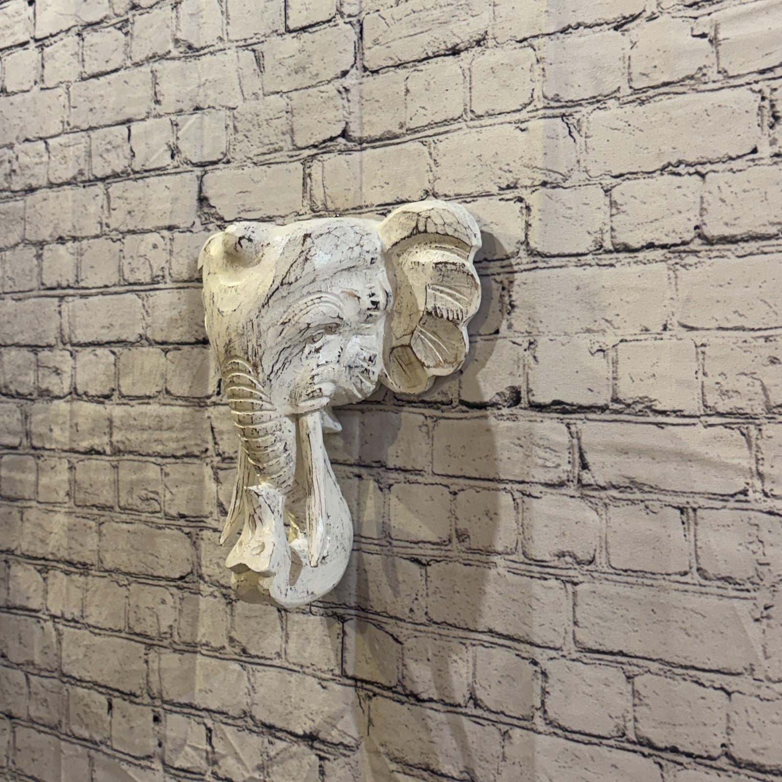 30cm x 30cm Plain White Painted Wood Elephant Head Wall Mounted Art Shabby1