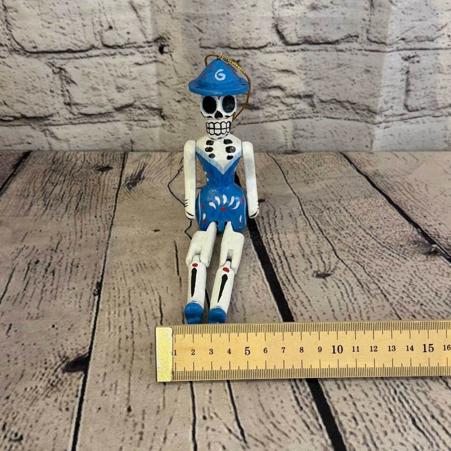 10cm Blue Day Of The Dead Lady Sitting Animal, Wooden Shelf Ornament Fairtrade6