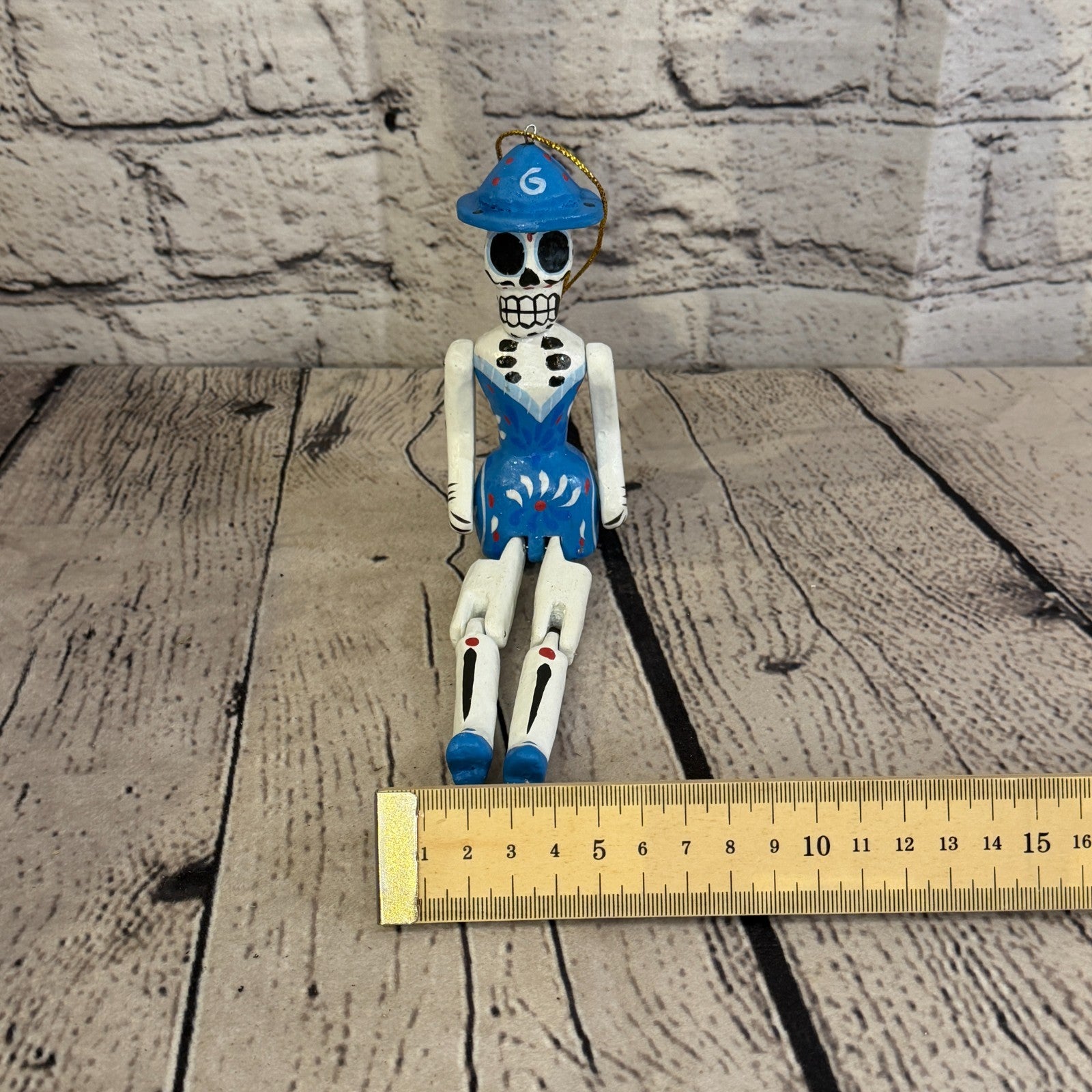10cm Blue Day Of The Dead Lady Sitting Animal, Wooden Shelf Ornament Fairtrade6