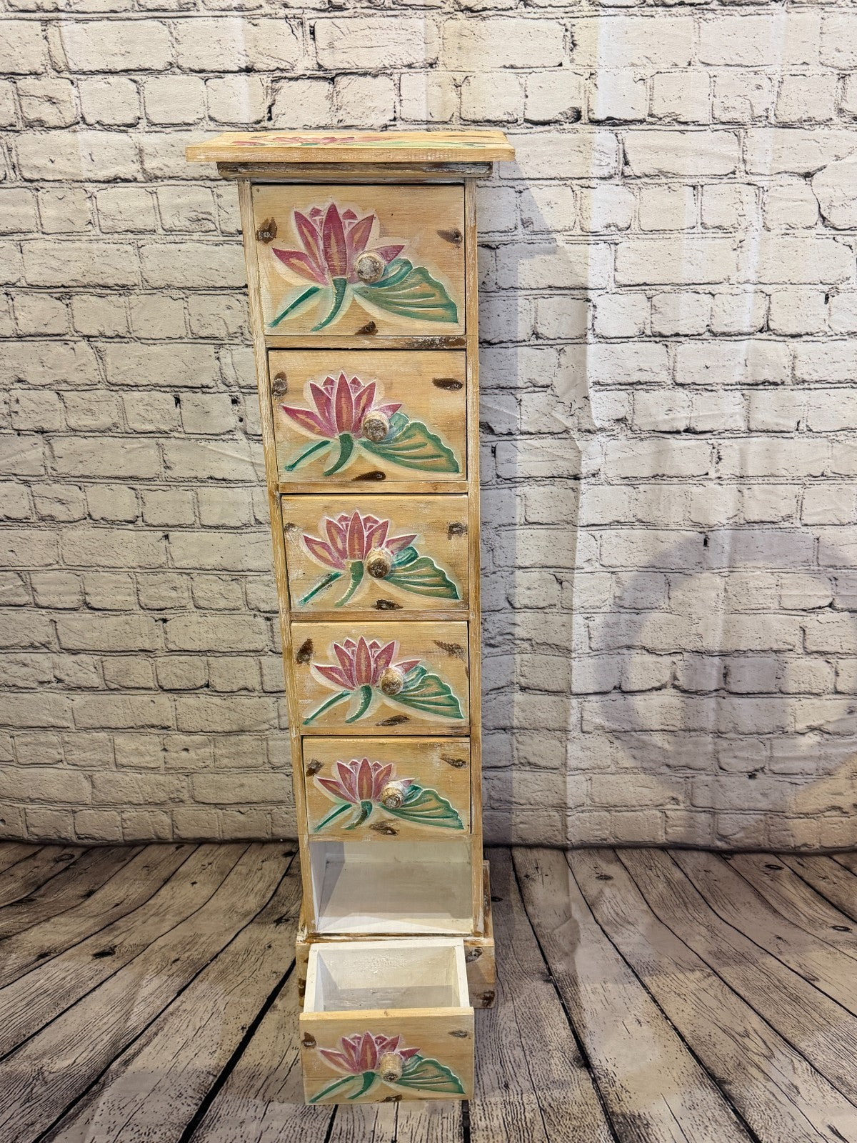 100cm x 25cm Flower 6 Draw Pillar Wooden Side Cabinet Living Storage Furniture5