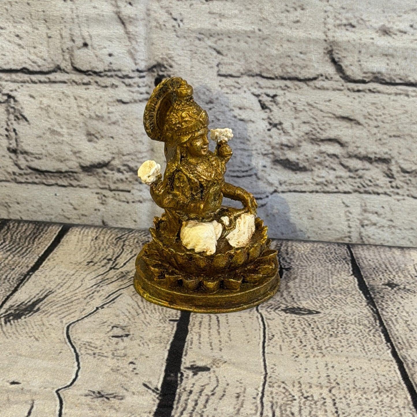 Cream & Bronze 12cm x 8cm Small Lakshmi Sitting Lotus Statue Resin Hindu God2