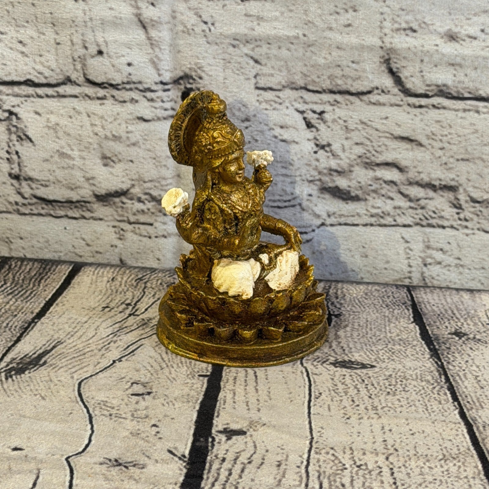 Cream & Bronze 12cm x 8cm Small Lakshmi Sitting Lotus Statue Resin Hindu God2