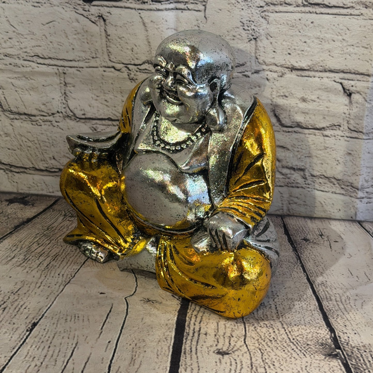 Silver And Gold 20cm x 20cm Large Chinese Buddha Sitting On Lotus Statue Resin0