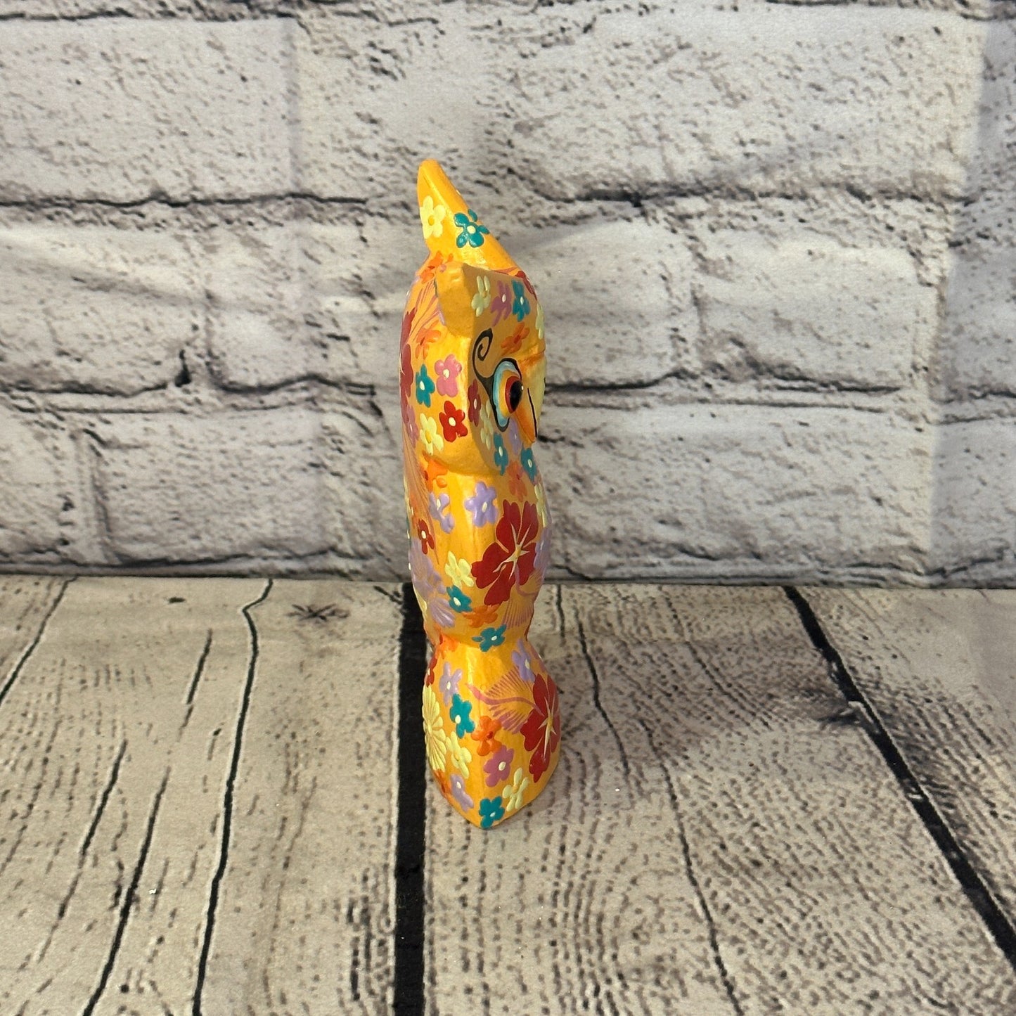 Orange Small Wooden Owl With Flower Pattern 12cm x 8cm Handmade and Fairtrade3