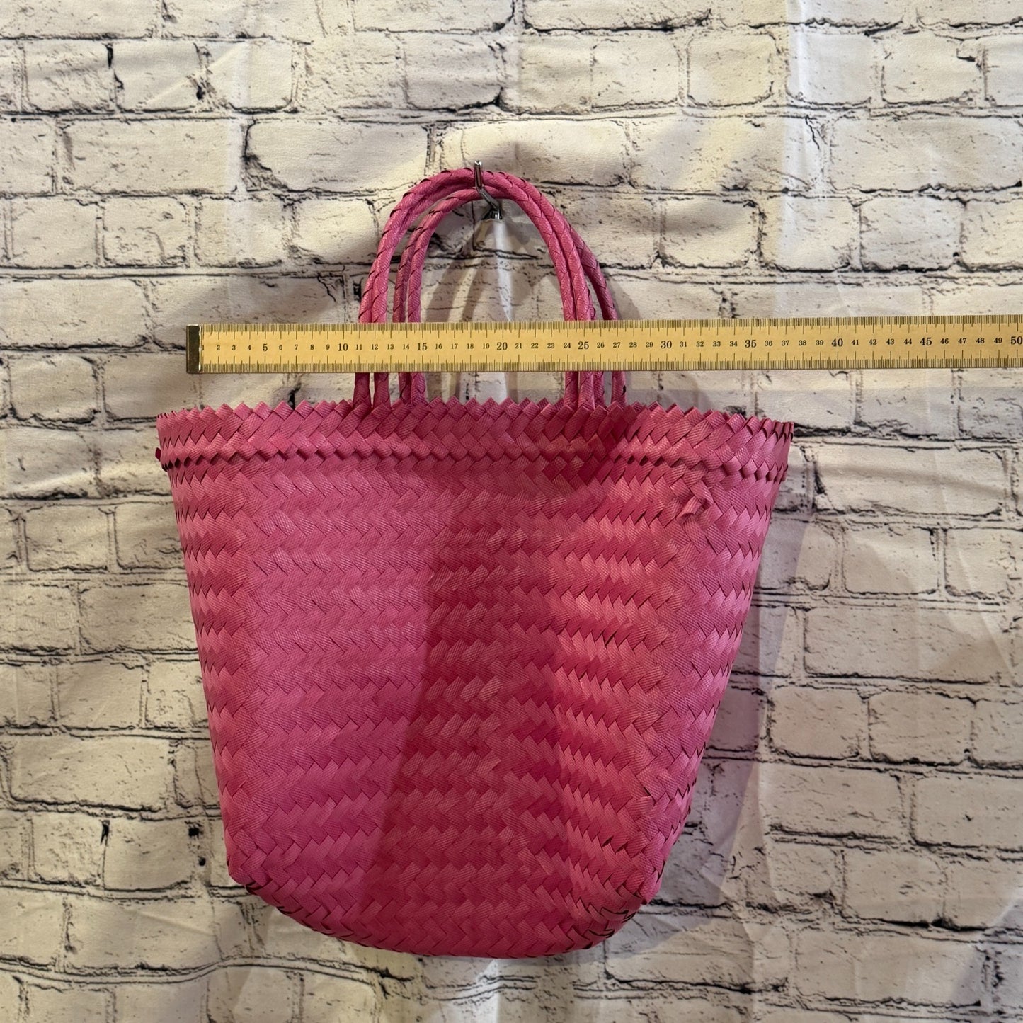 Bright Pink 40cm Handwoven Tote Bag Recycled Plastic Eco-Friendly Market Beach3