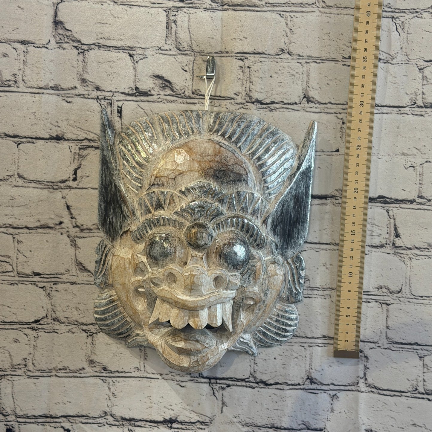 White With Silver Barong Wall Mask 30cm x 25cm Handmade And Fairtrade Hindu4