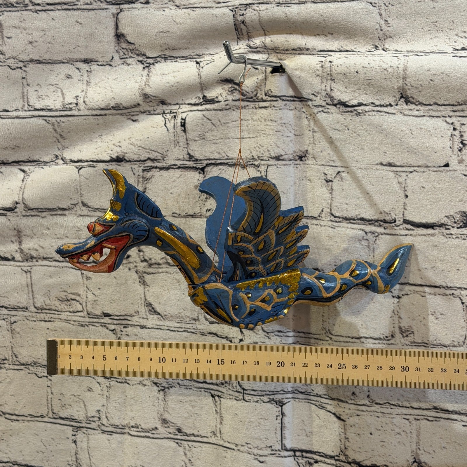 35cm Blue Dragon Folk Art Carved Wood Flying Winged Mobile Spirit Guardian3
