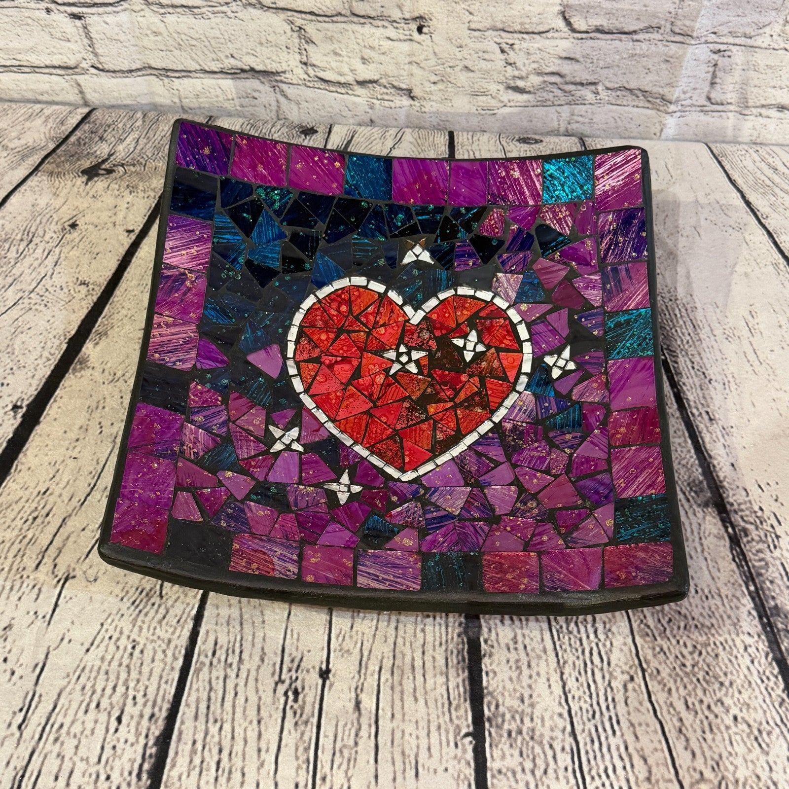 30cm Purple Red Heart Square Mosaic Handmade Ceramic Glass Tile Bowl Fruit0