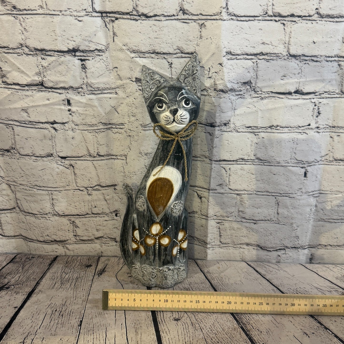 40cm Grey Silver Dots Wooden Shabby Cat Statue Ornament Fair Trade Handcarved6