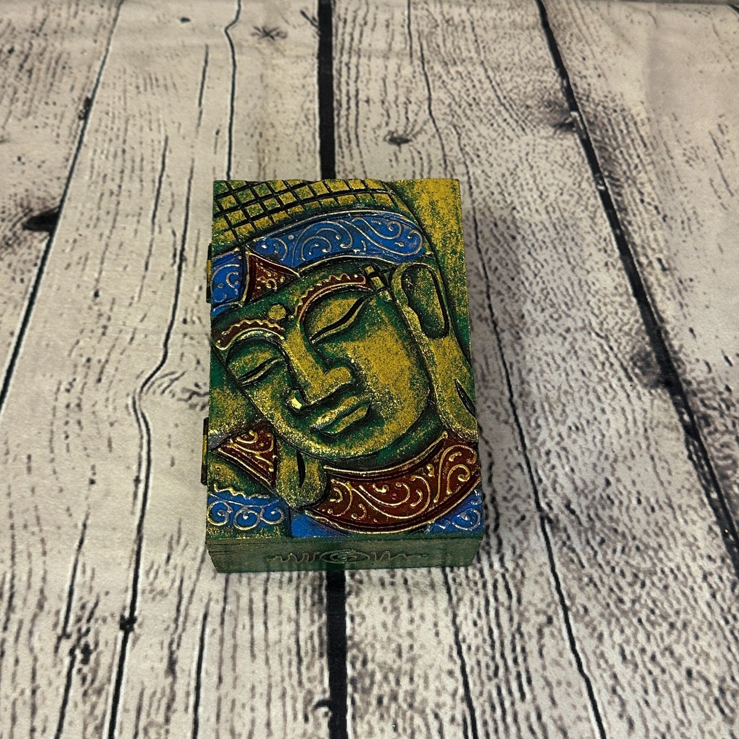 Bright Green Thai Buddha Head 10cm x 15cm x 5cm Wooden Box Trinket Handmade0