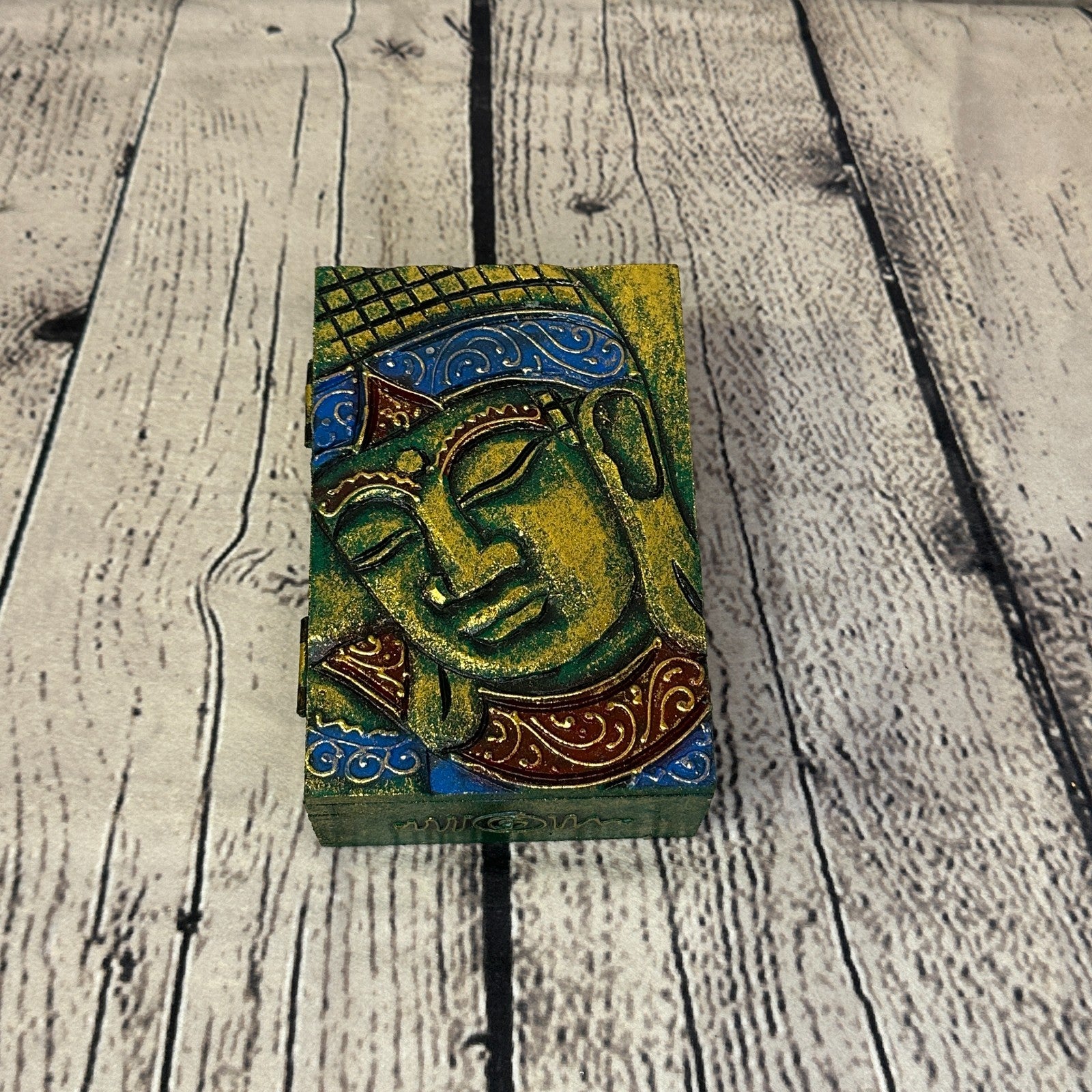 Bright Green Thai Buddha Head 10cm x 15cm x 5cm Wooden Box Trinket Handmade0