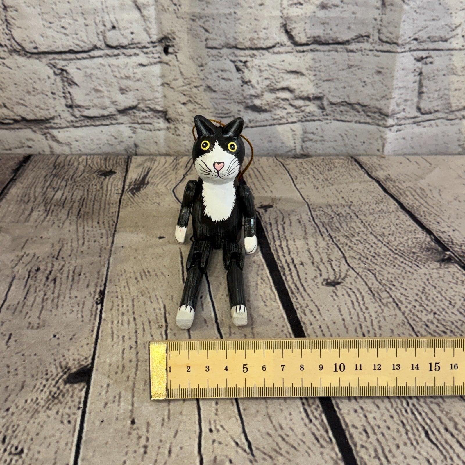 10cm Black White Cat Sitting Animal, Wooden Shelf Ornament Handmade Fairtrade6