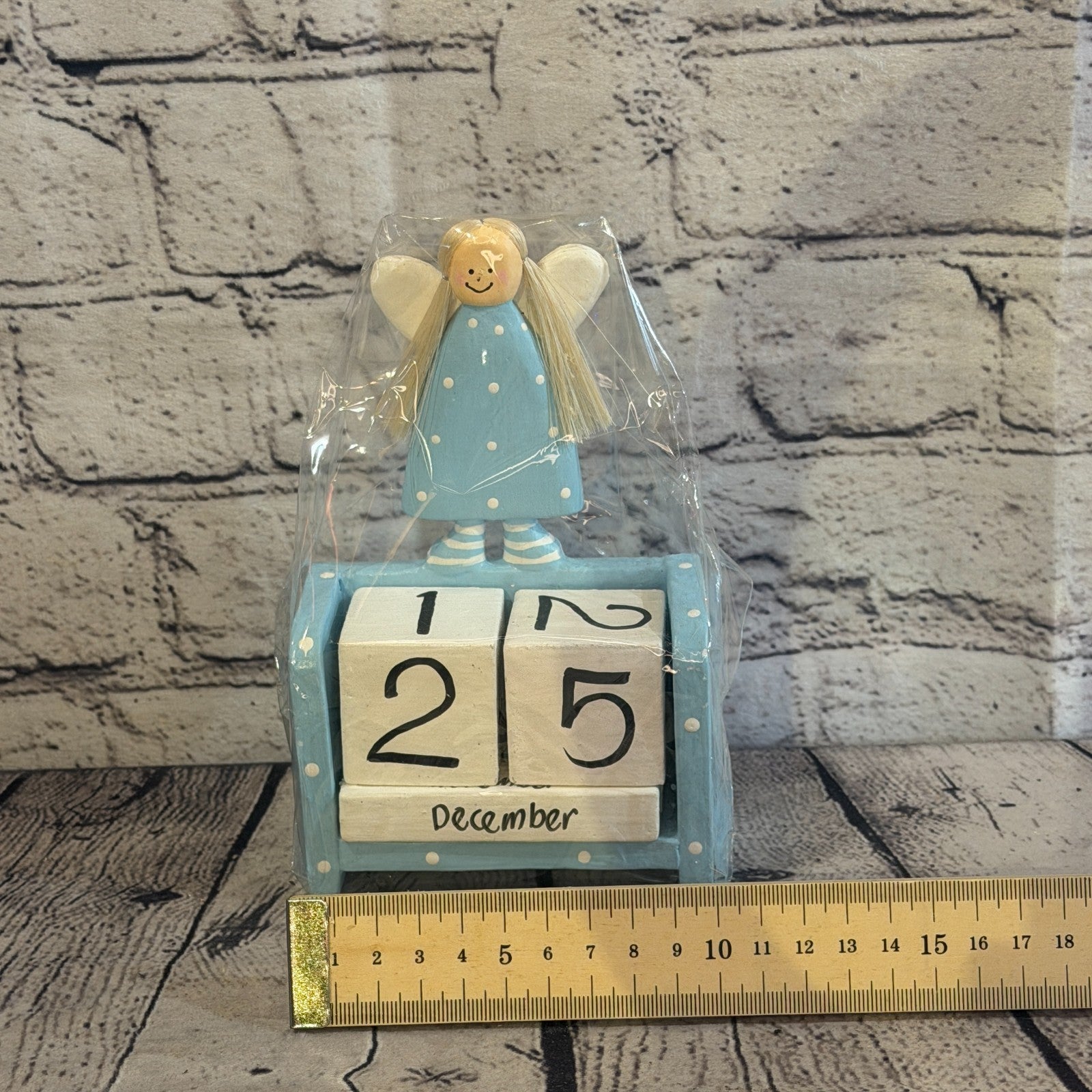 15cm Blue Hand Carved Painted Wooden Angel Block Calendar for Desk Display6