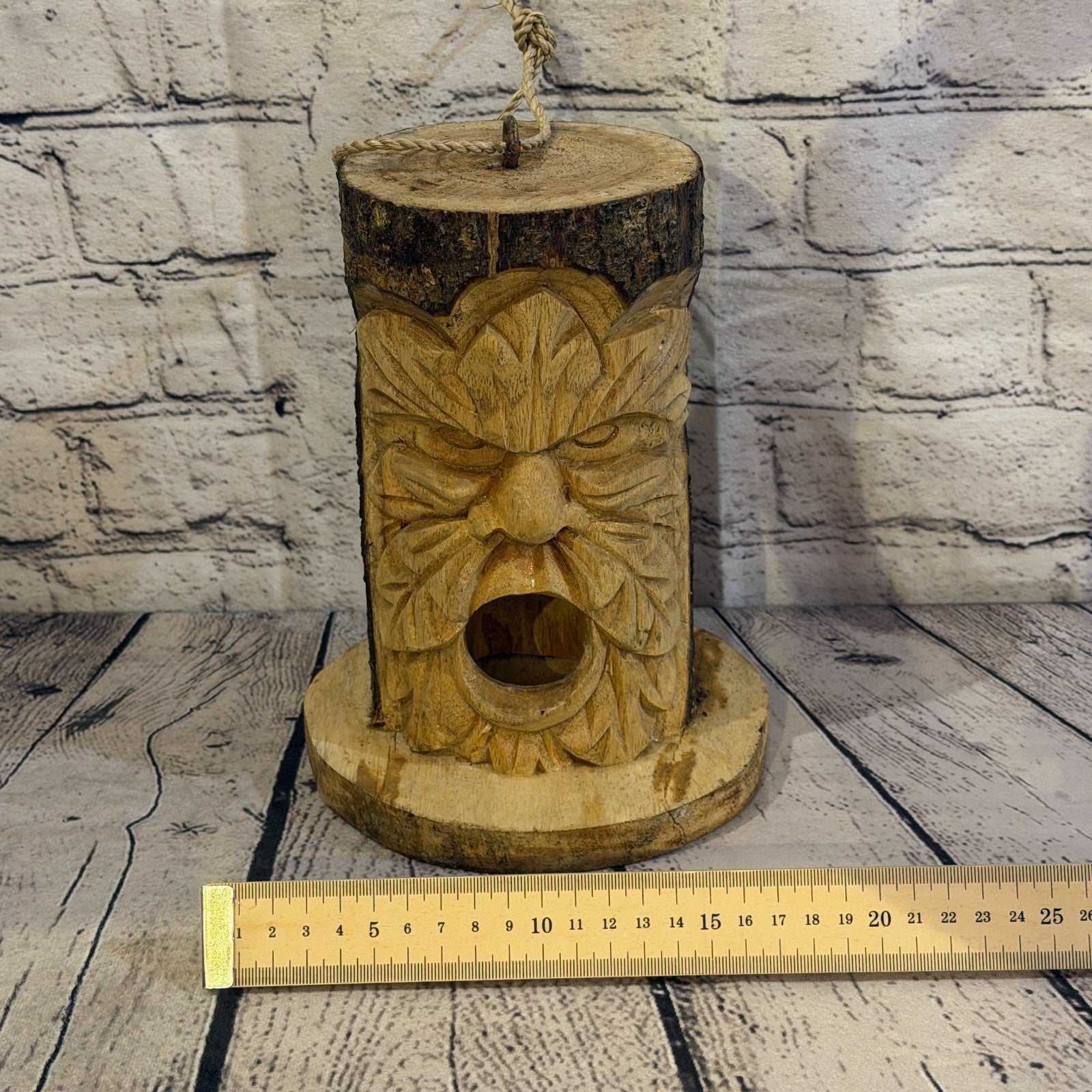 Green Man Of The Woods Bird House 20cm Carved Wizard Tree Trunk Wood Fairtrade6