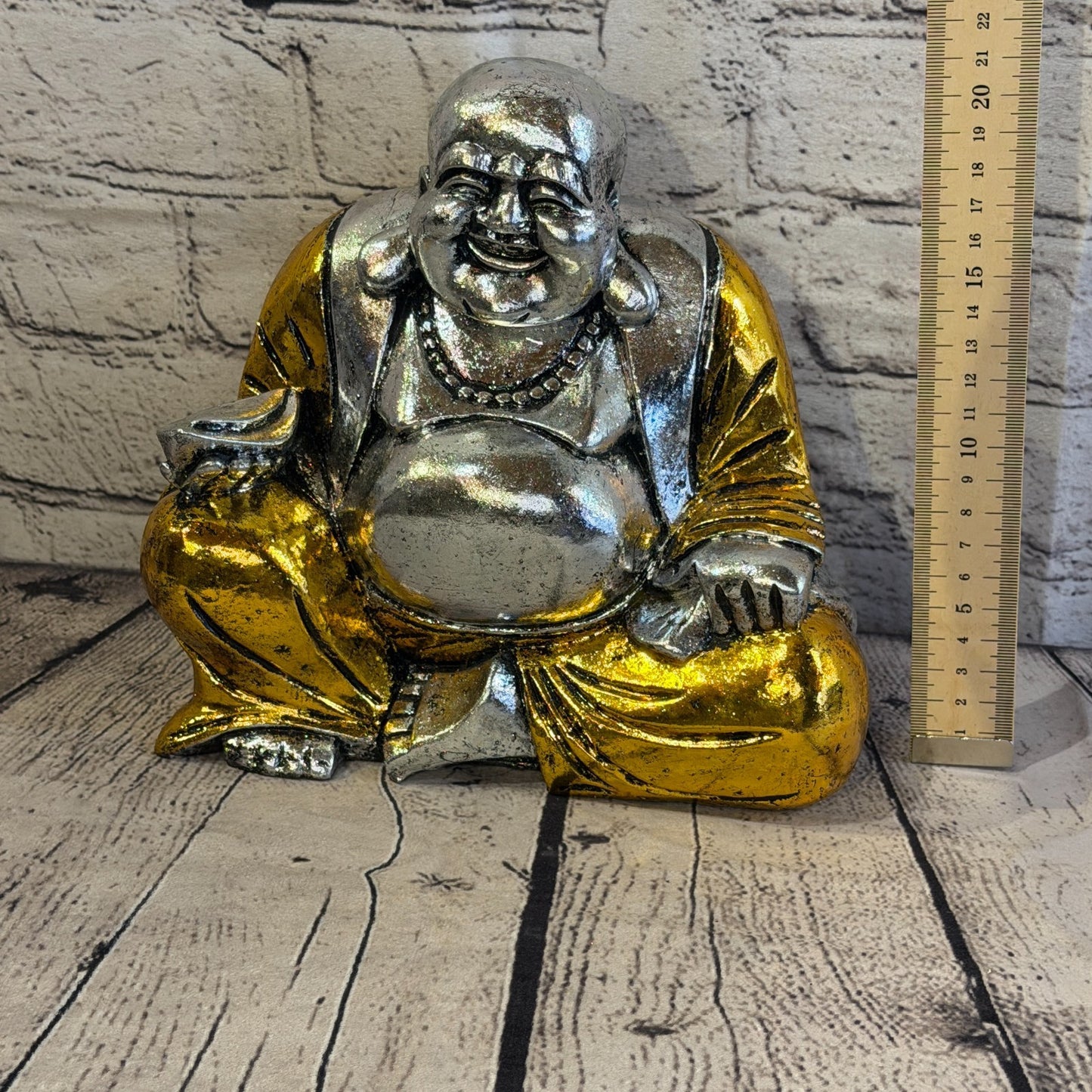 Silver And Gold 20cm x 20cm Large Chinese Buddha Sitting On Lotus Statue Resin5