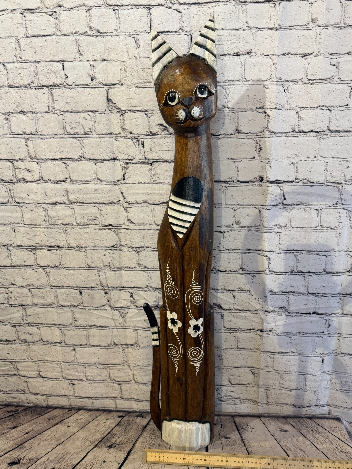 100cm Brown Flower Wooden Shabby Cat Statue Ornament Fair Trade Handcarved6