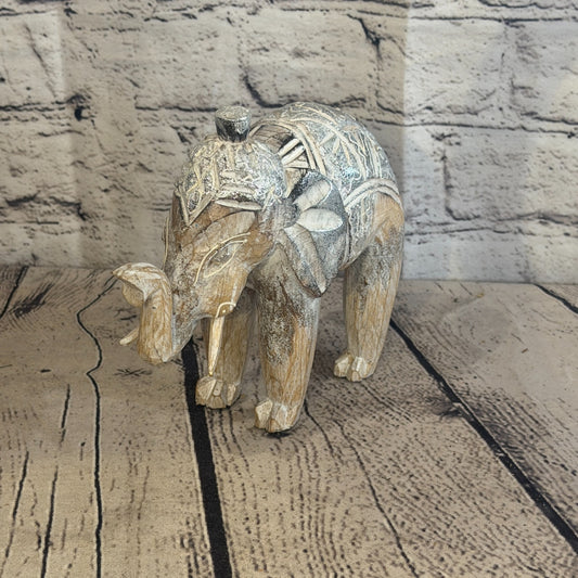 15cm x 15cm Brown Silver Wooden Standing Elephant Hand Carved & Painted0