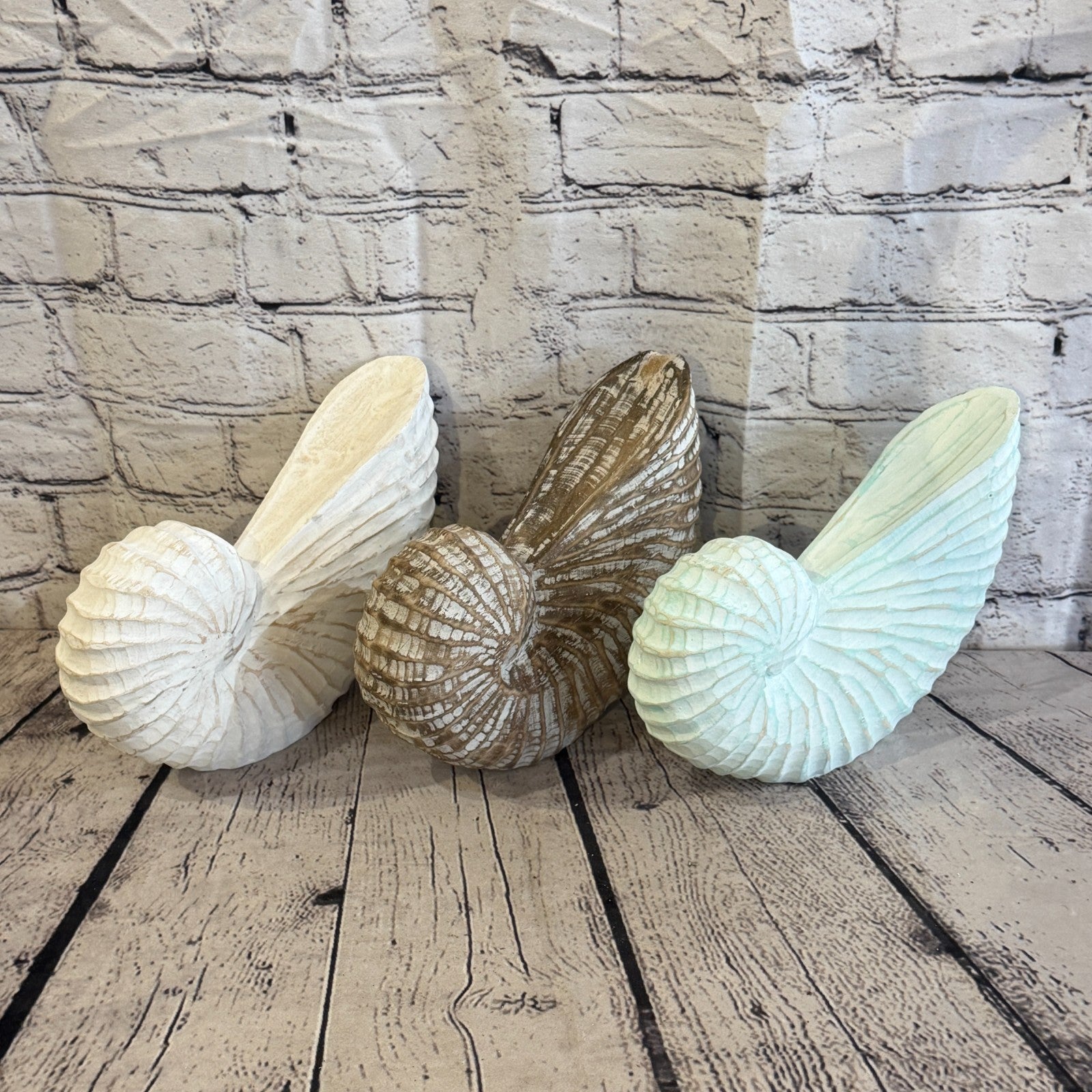 20cm Brown Shabby Pastel Nautilus Shell Ornament Decor Carved Light Wood Figure10