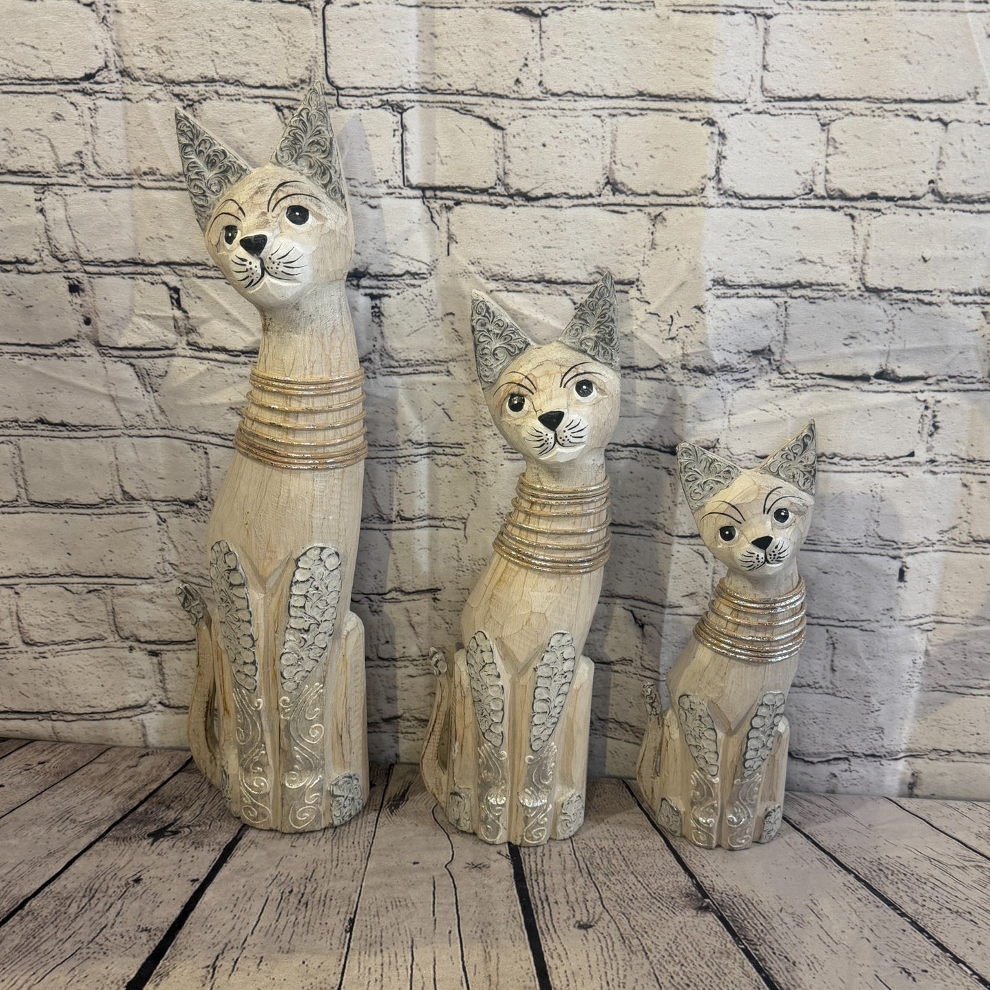 50cm White Silver Dots Wooden Shabby Cat Statue Ornament Fair Trade Handcarved8