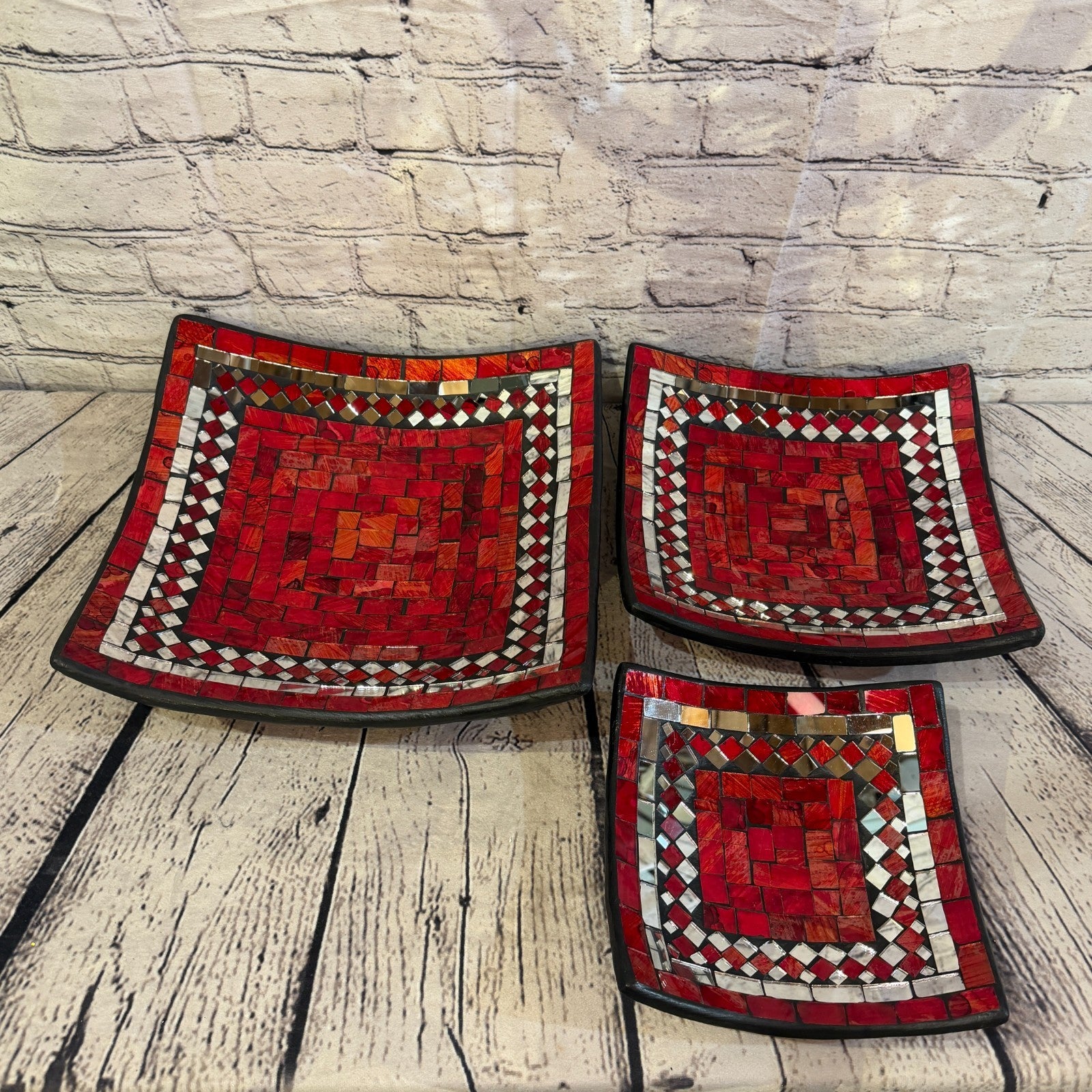 25cm Red Square Mirror Mosaic Handmade Ceramic Glass Tile Bowl Fruit4