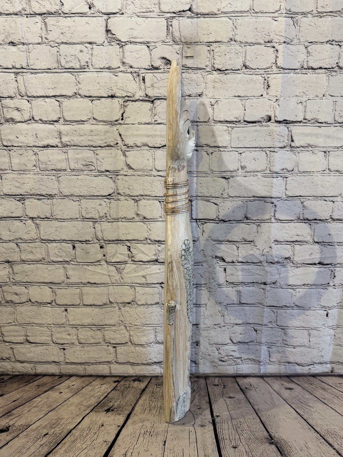 80cm White Silver Dots Wooden Shabby Cat Statue Ornament Fair Trade Handcarved3