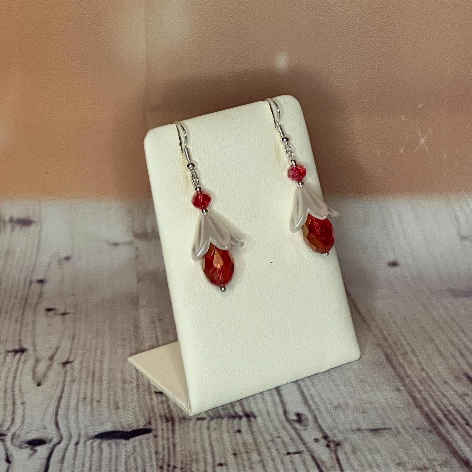 Red Drop Crystal Lily Flower With Dangle Drop Earrings Handmade UK Jewellery2