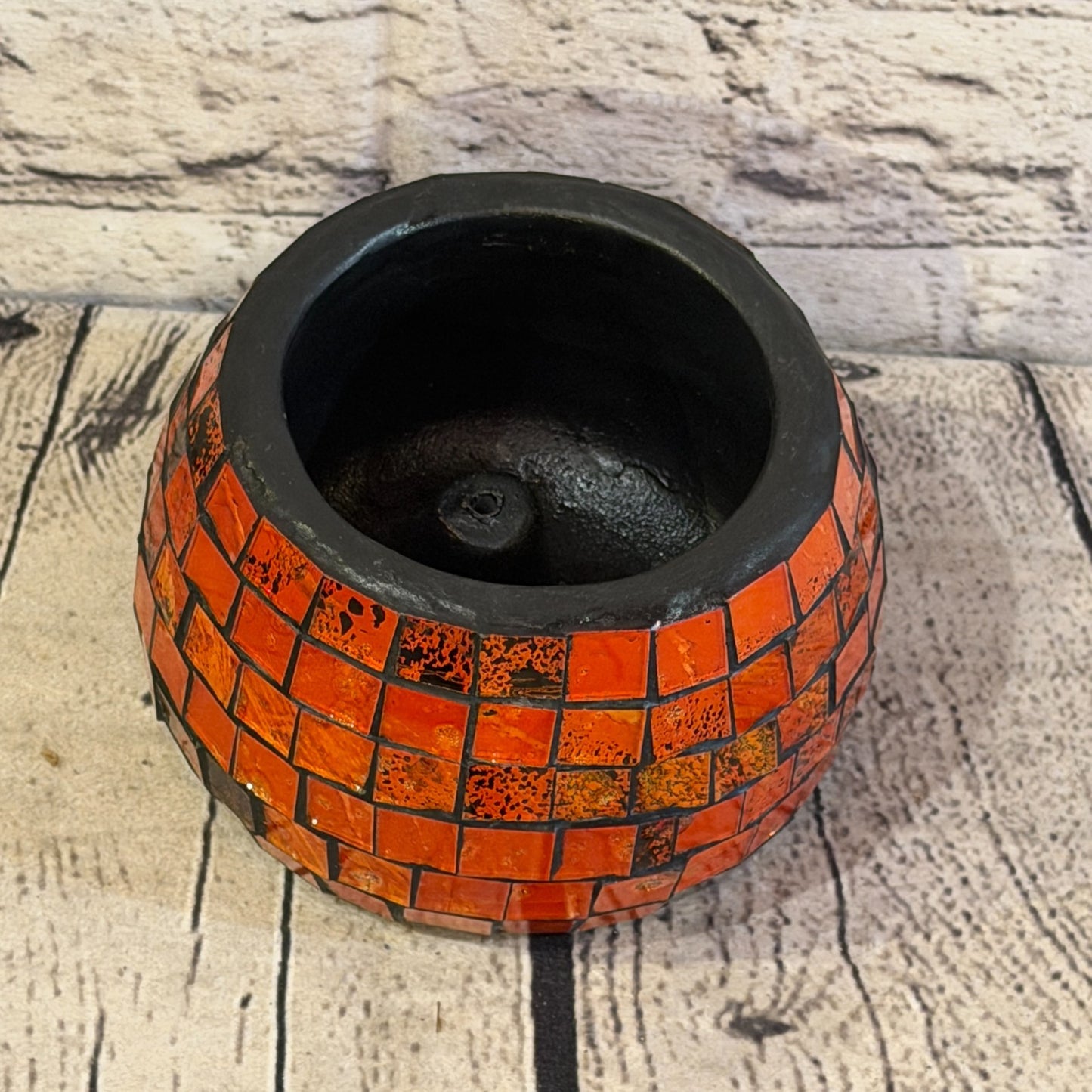 Orange Small Pot 12cm Round Mosaic Pottery Incense Holder Burner Detail2