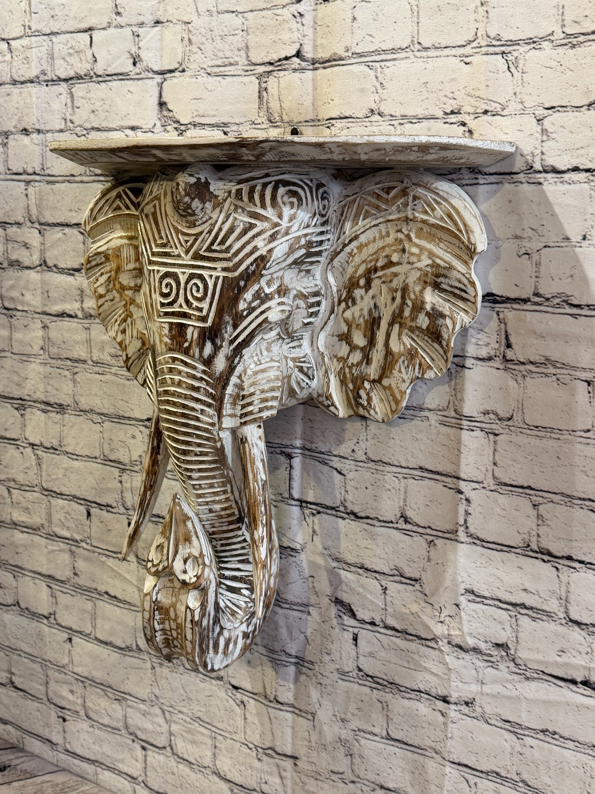 50cm x 45cm Brown Carved Wood Elephant Head Shelf Wall Mounted Art Large Shabby1