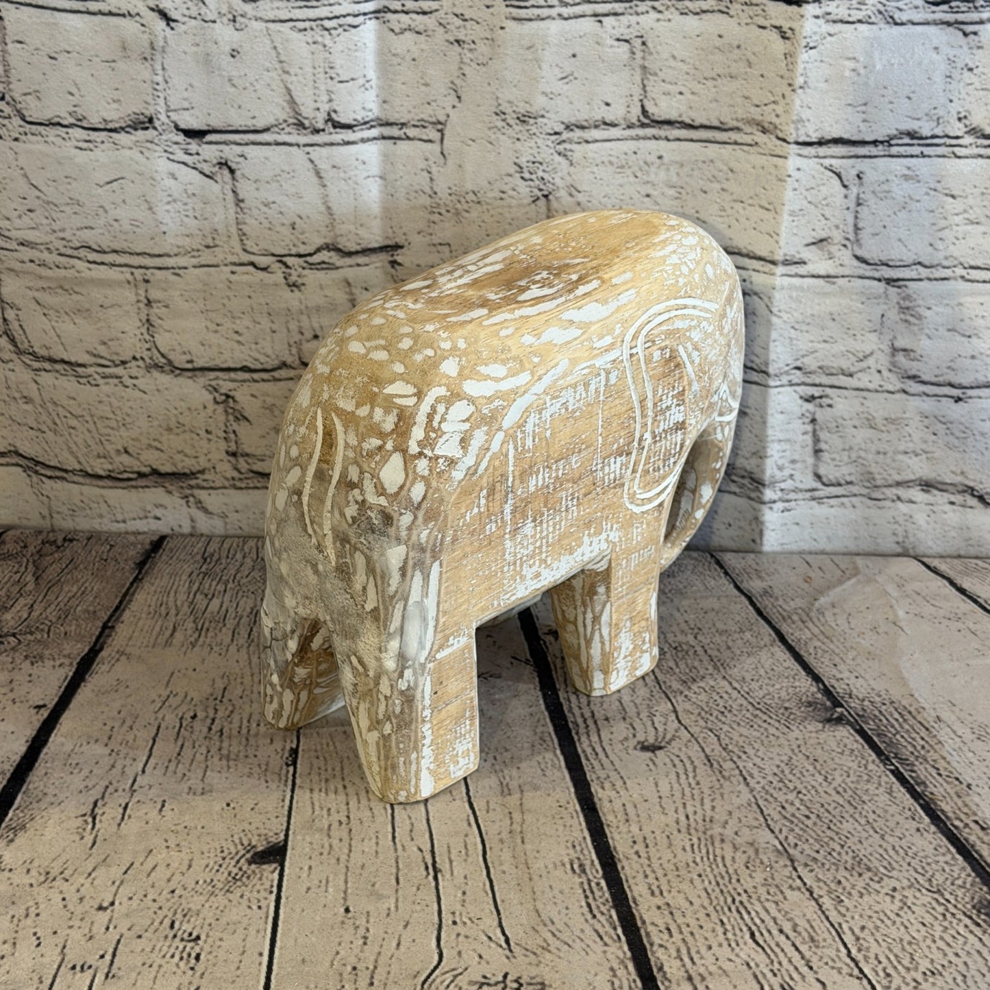20cm x 25cm White Wood Wooden Standing Elephant Hand Carved Painted Statue4